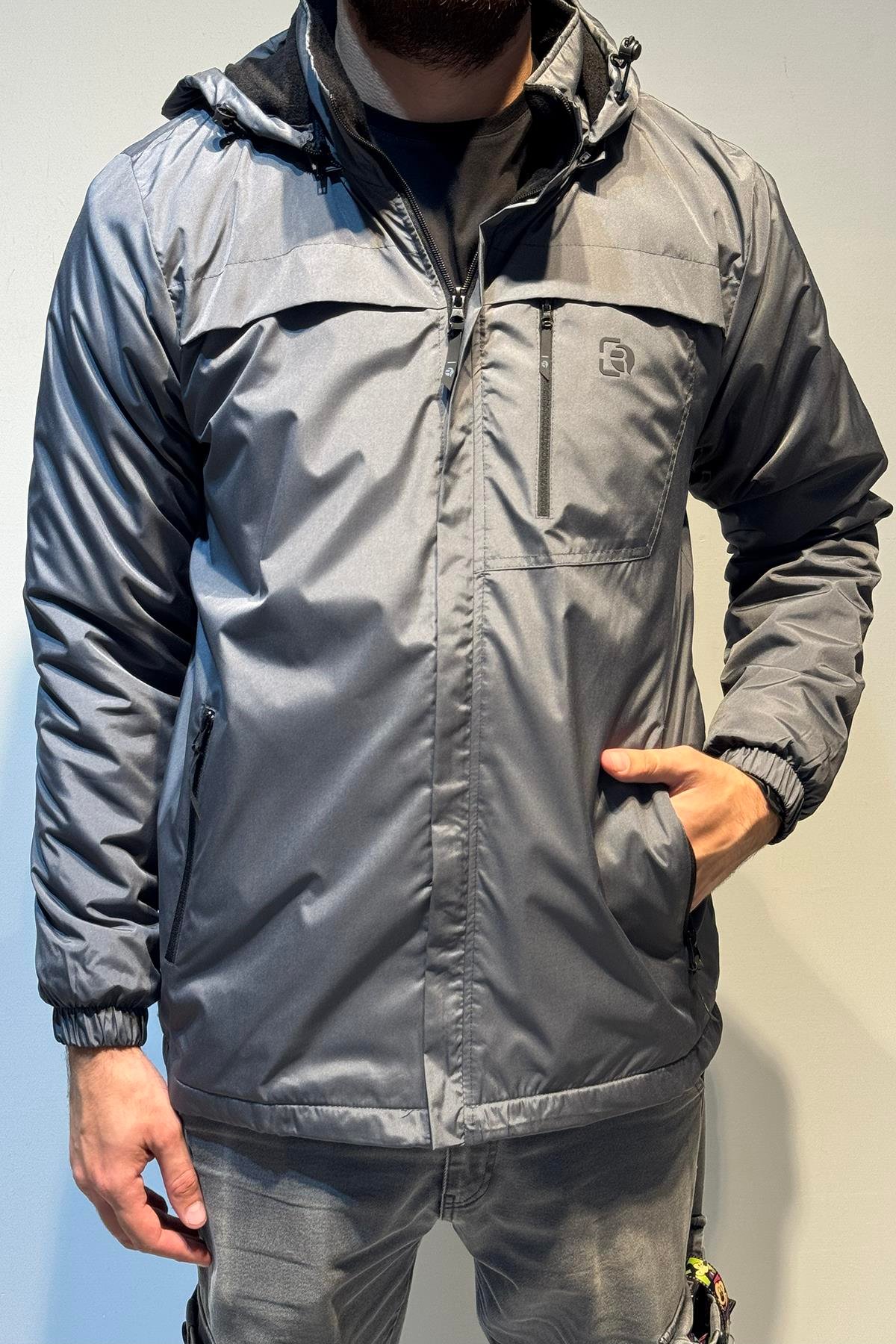 Erkek Kapüşonlu Cep Detaylı İçi Polar Kışlık Mont 2540 Füme