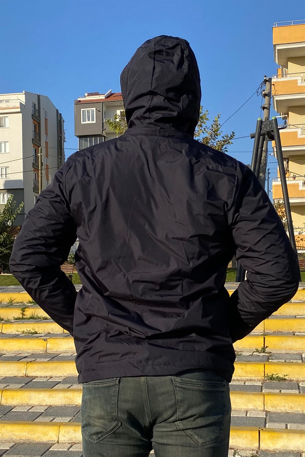 Erkek Kapüşonlu Rüzgar Geçirmez Cep Detaylı İçi Polar Kışlık Mont  Lacivert Remsa Spor TH841