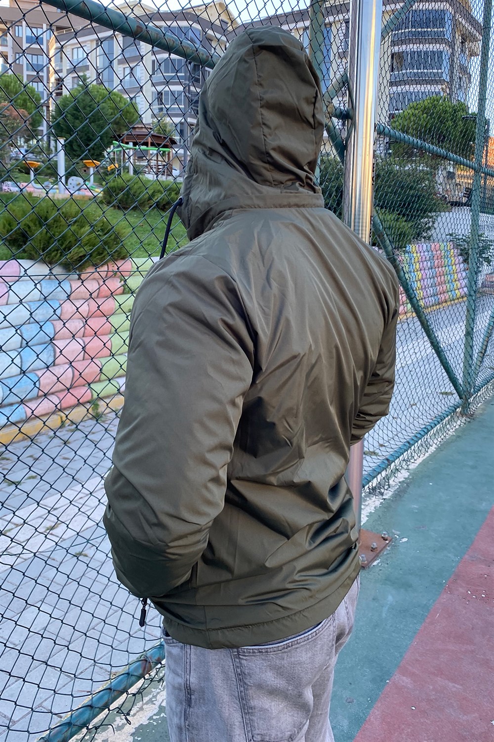 Erkek Kapüşonlu Rüzgar Geçirmez Cep Detaylı İçi Polar Kışlık Mont  Haki Remsa Spor TH843
