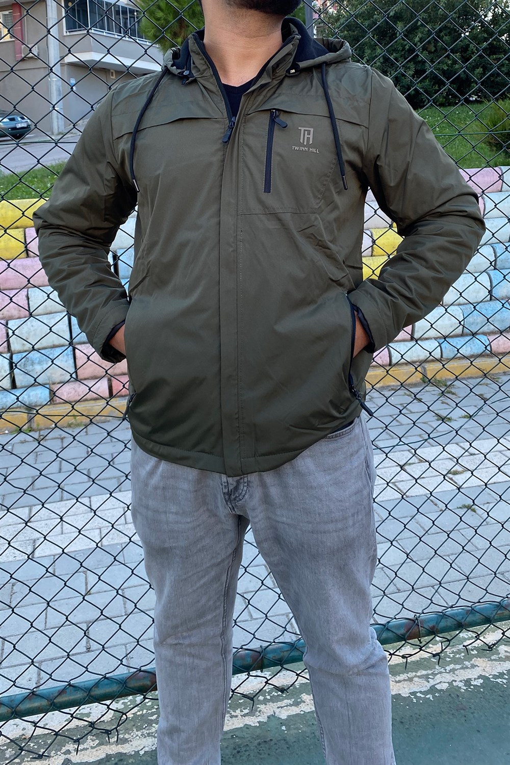 Erkek Kapüşonlu Rüzgar Geçirmez Cep Detaylı İçi Polar Kışlık Mont  Haki Remsa Spor TH843