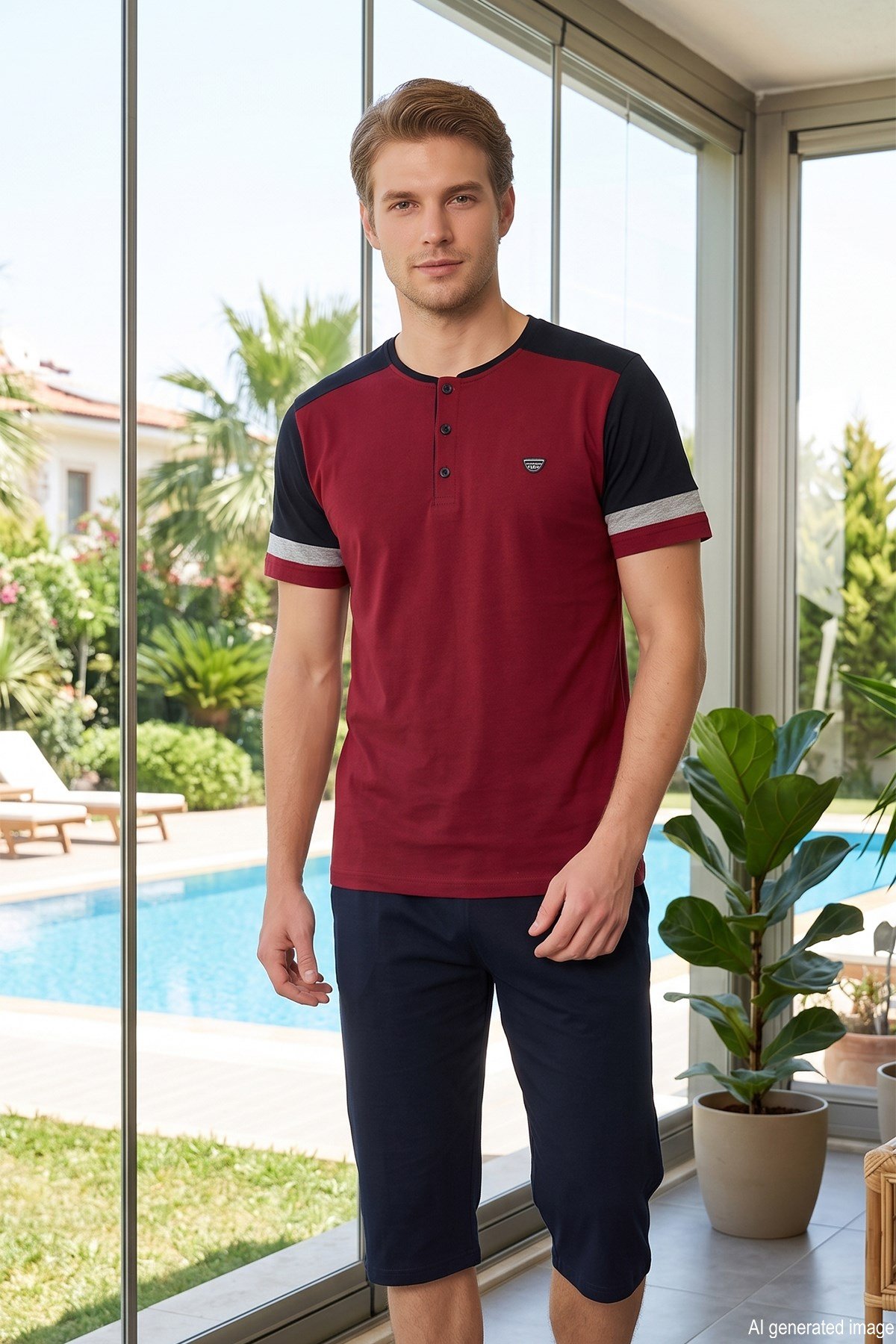 Erkek Kısa Kol Kaprili Süprem Kumaş Pijama Takımı 1765 Bordo