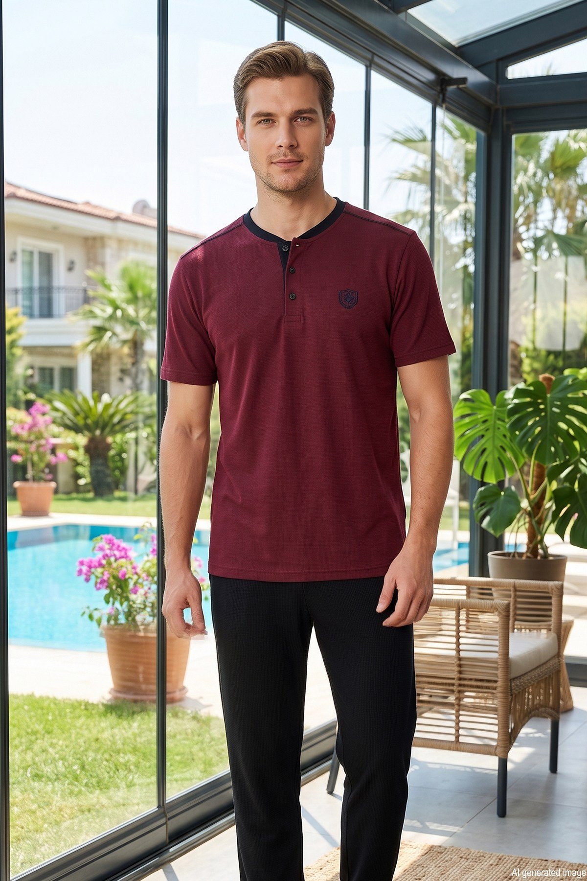 Erkek Kısa Kol Penye Pijama Takımı 3070 Bordo03