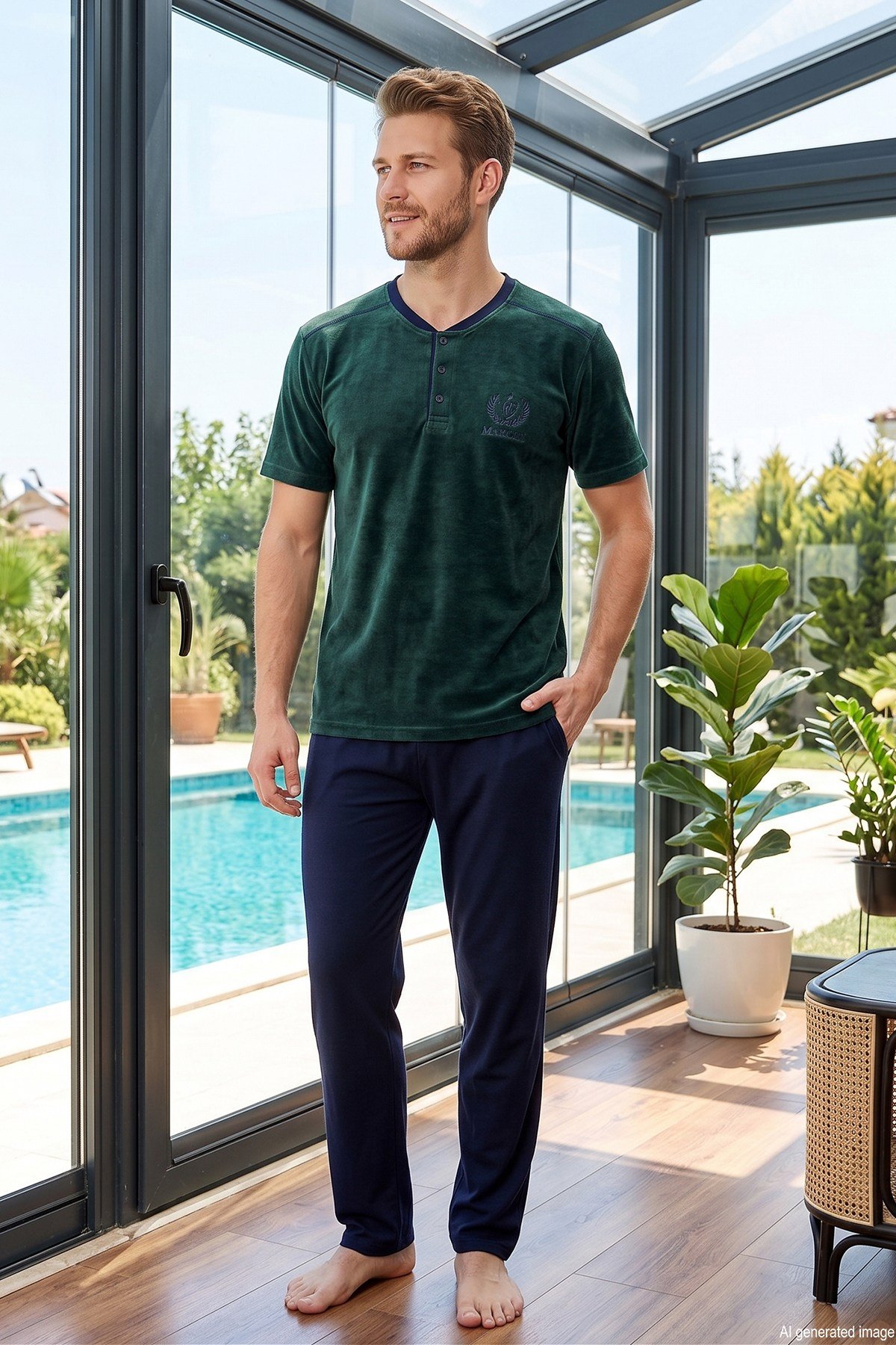 Erkek Kısa Kol Penye Pijama Takımı 3070 Yeşil01