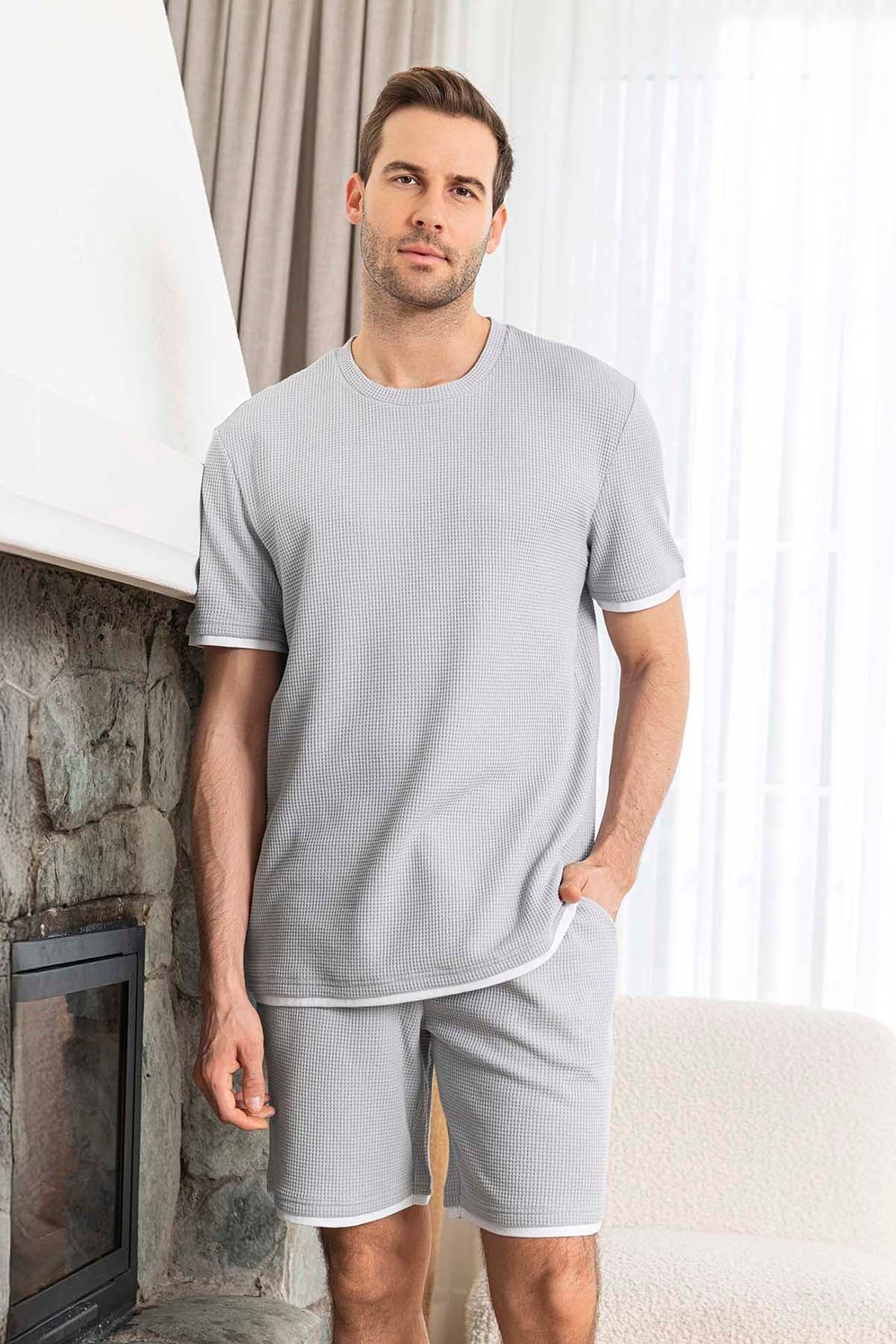 Erkek Kısa Kol Şort Biye Detay Waffle Kumaş Pijama Takımı 260103 Açık Gri