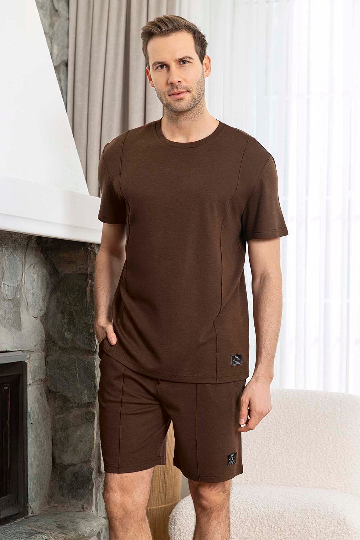 Erkek Kısa Kol Şortlu Bambu Pijama Takımı 260019 Kahverengi