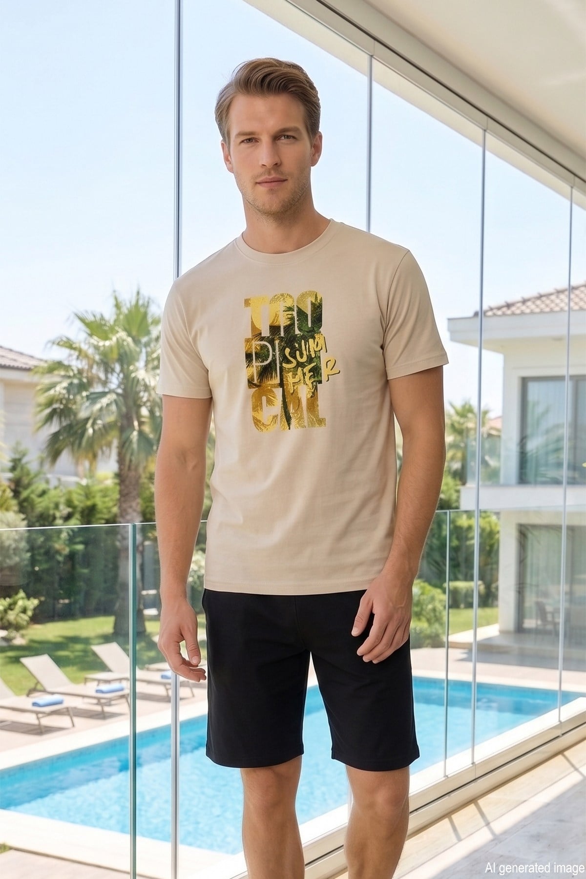 Erkek Kısa Kol Şortlu Pijama Takımı 4346 Bej
