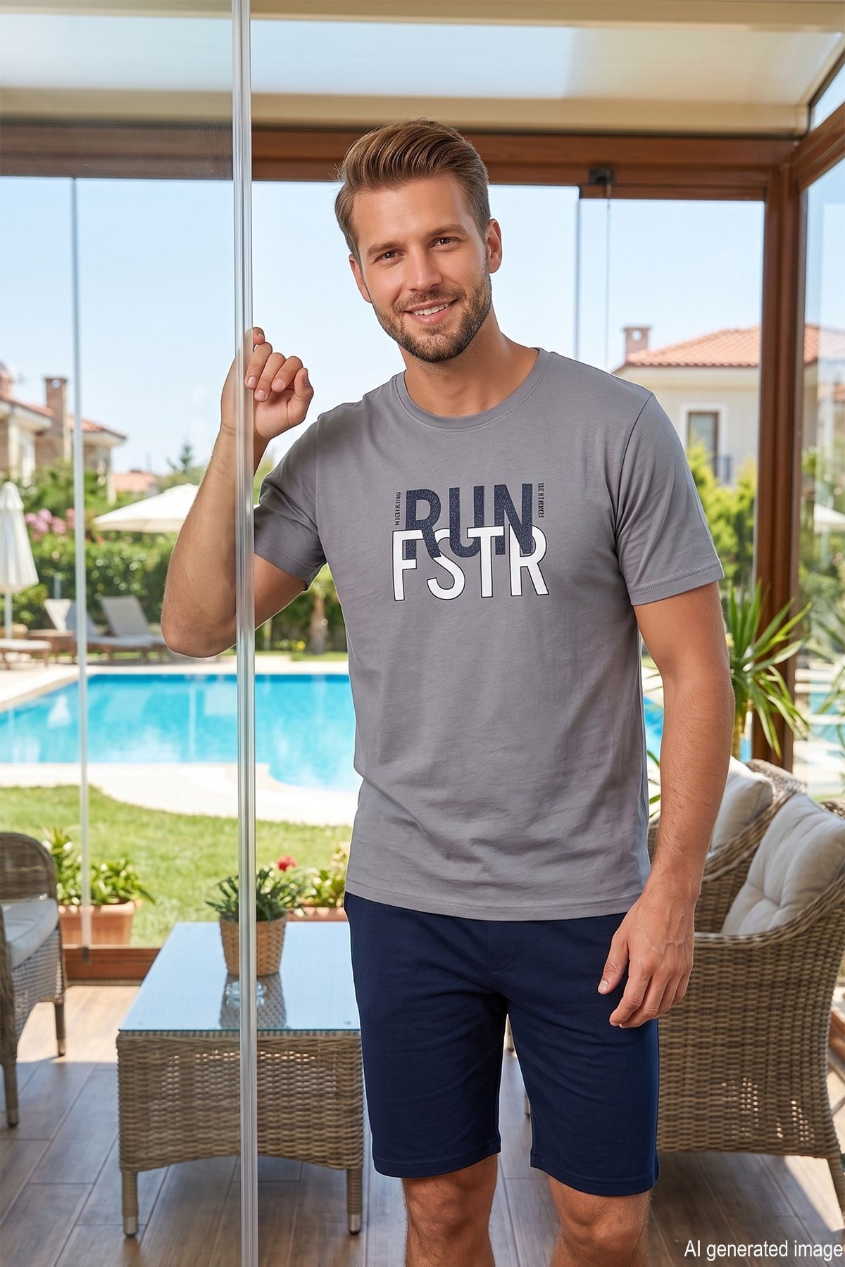 Erkek Kısa Kol Şortlu Pijama Takımı 4344 Gri01