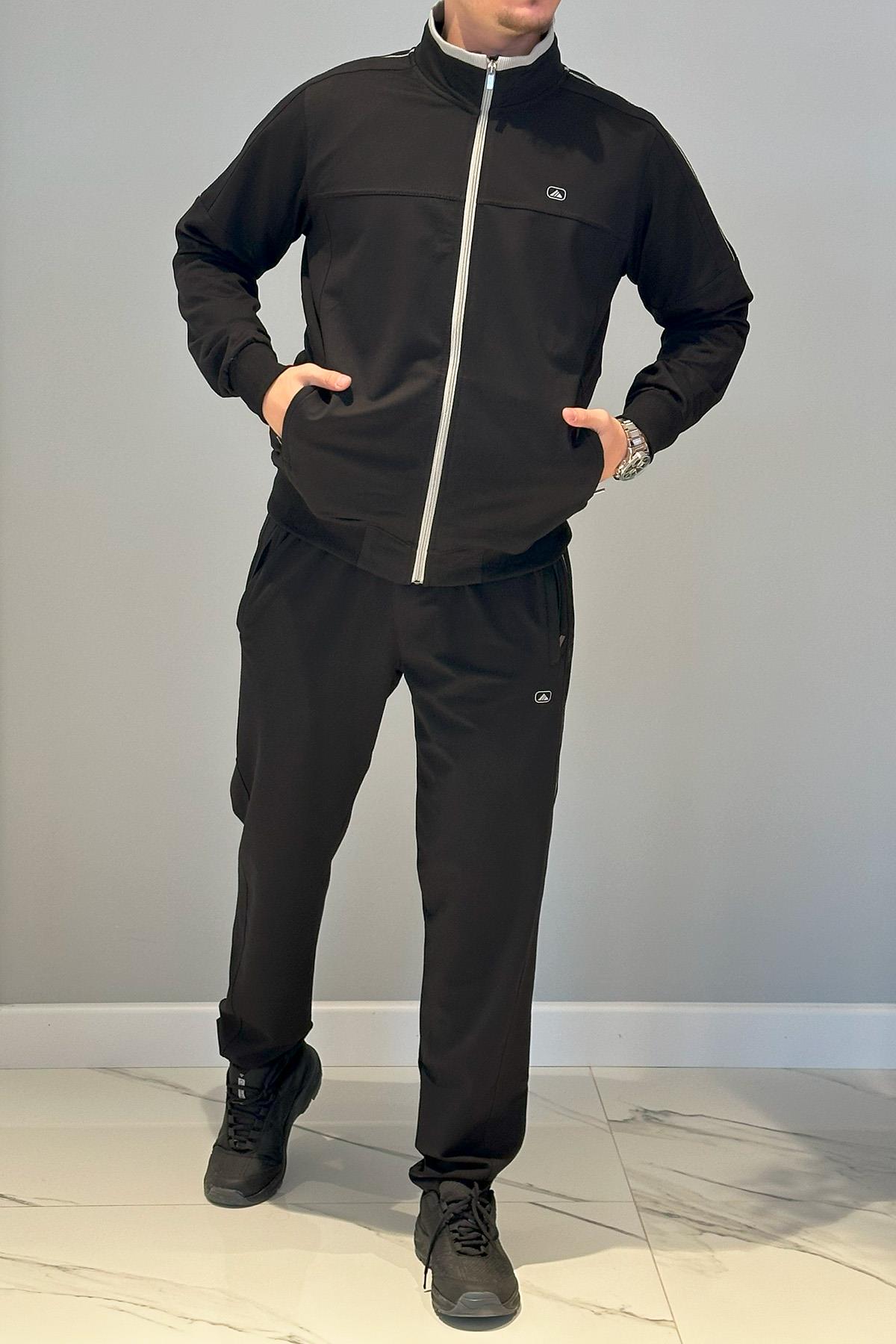 Erkek Likralı Penye Ribana Eşofman Takımı 3719 Siyah