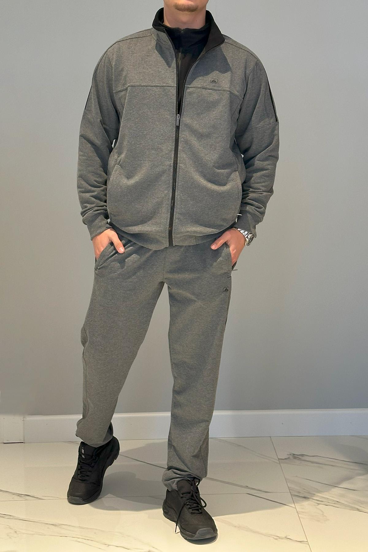 Erkek Likralı Penye Ribana Eşofman Takımı 3719 Antrasit