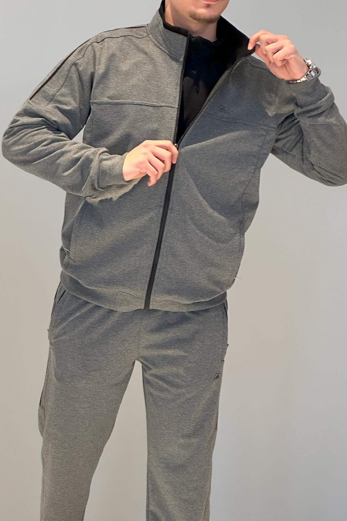 Erkek Likralı Penye Ribana Eşofman Takımı 3719 Antrasit