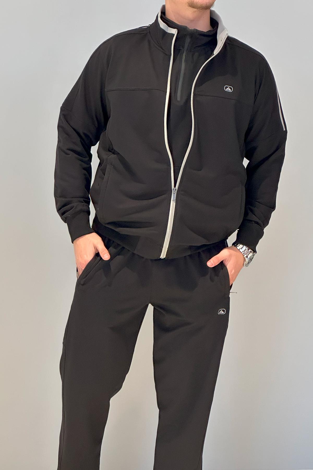 Erkek Likralı Penye Ribana Eşofman Takımı 3719 Siyah