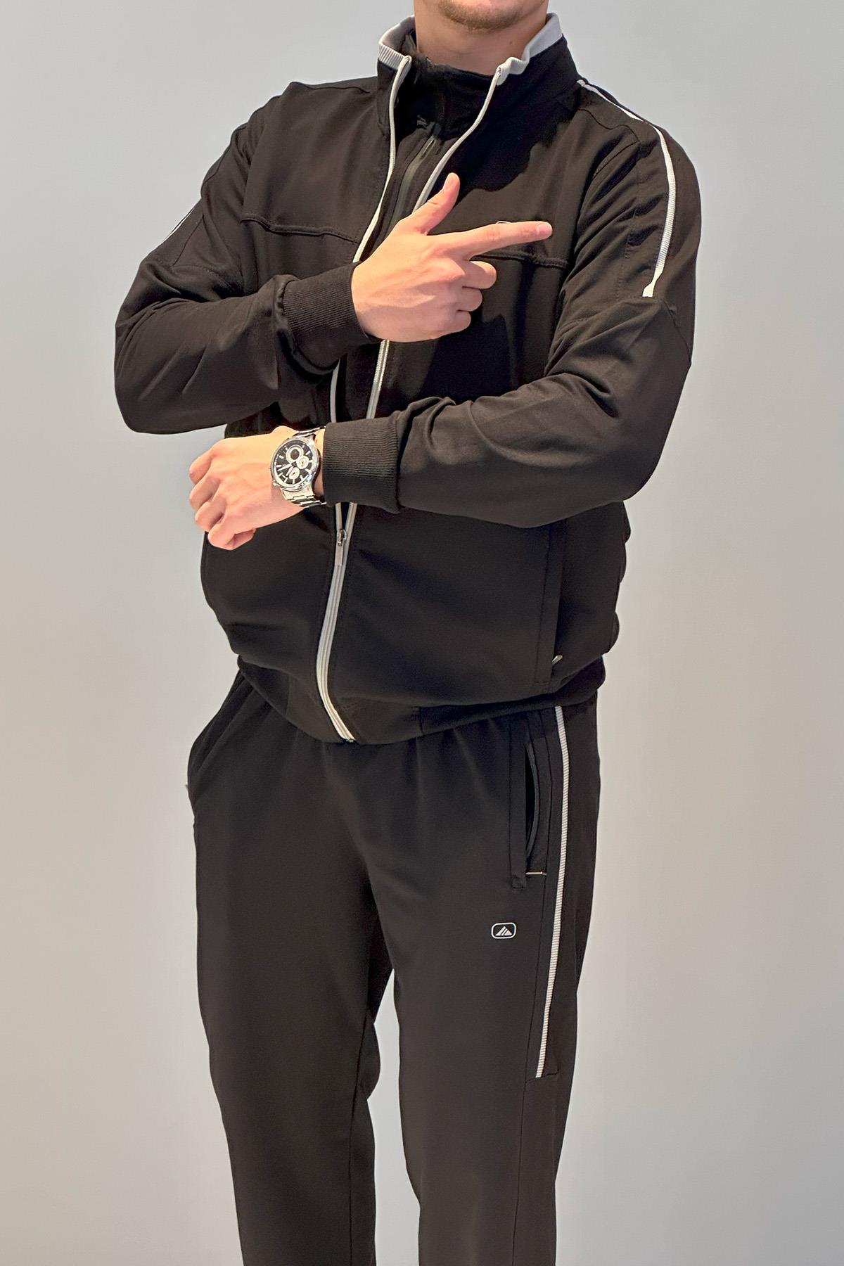 Erkek Likralı Penye Ribana Eşofman Takımı 3719 Siyah