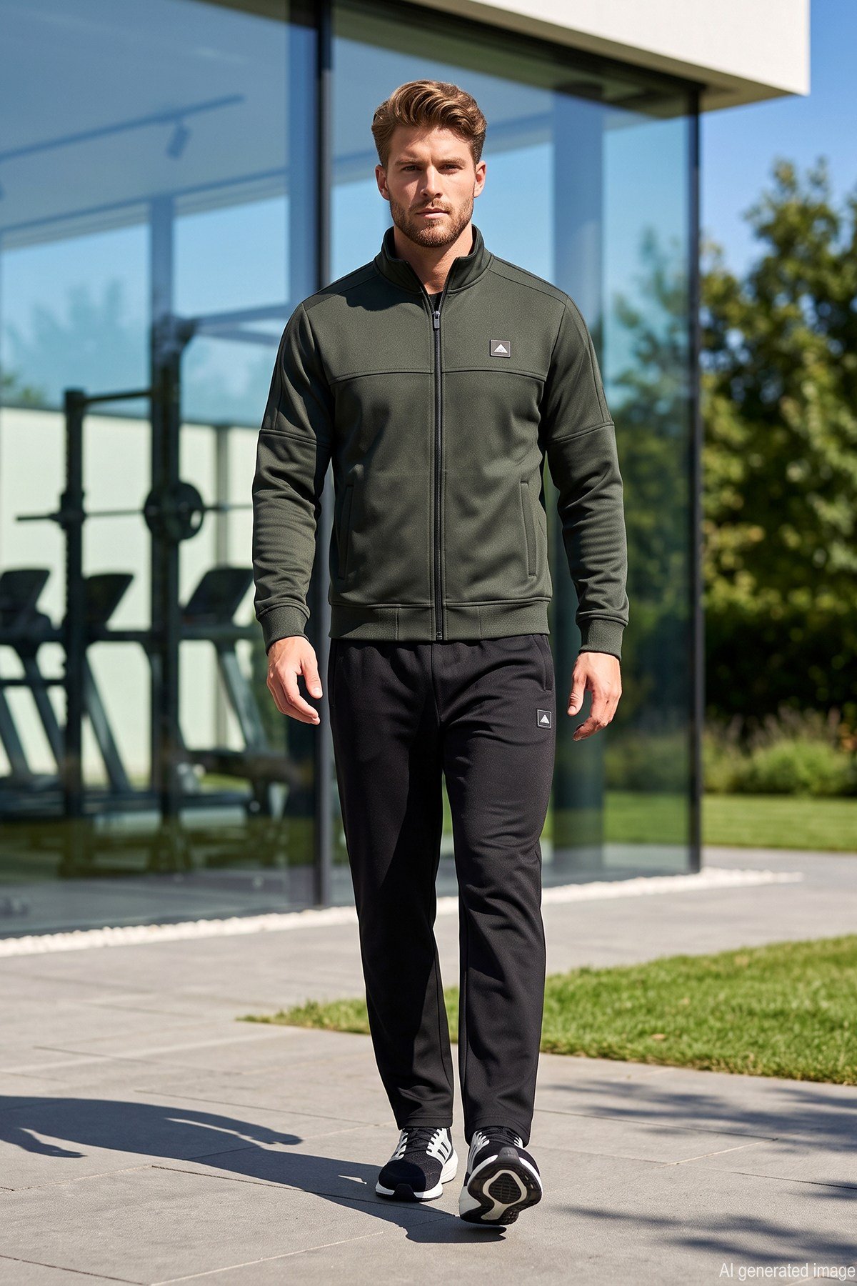 Erkek Omuz Kaşkorse Detay Ceket Alt Pamuklu Eşofman Takımı 26719 Haki-Siyah