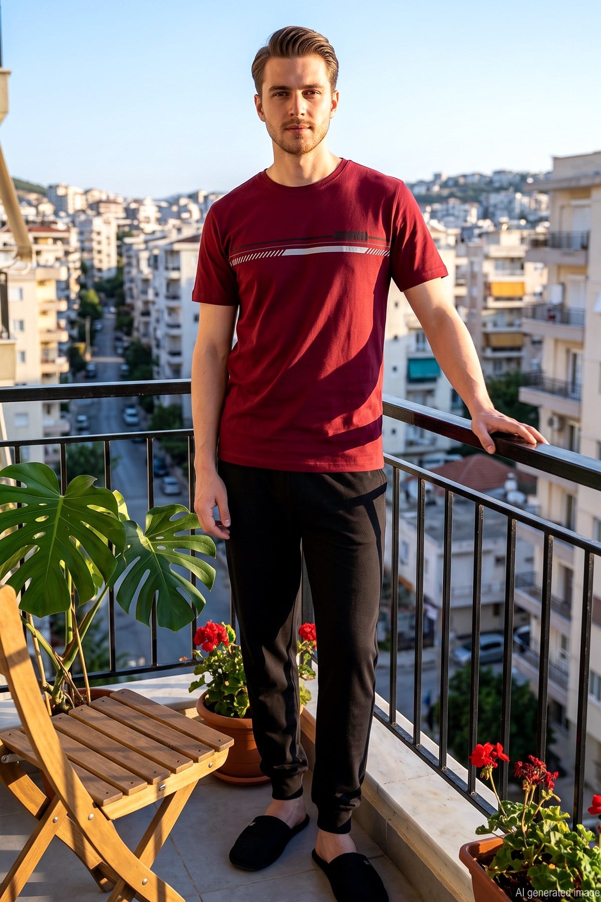 Erkek Önü Baskılı  Kısa Kol Pijama Takımı 2332 Koyu Bordo