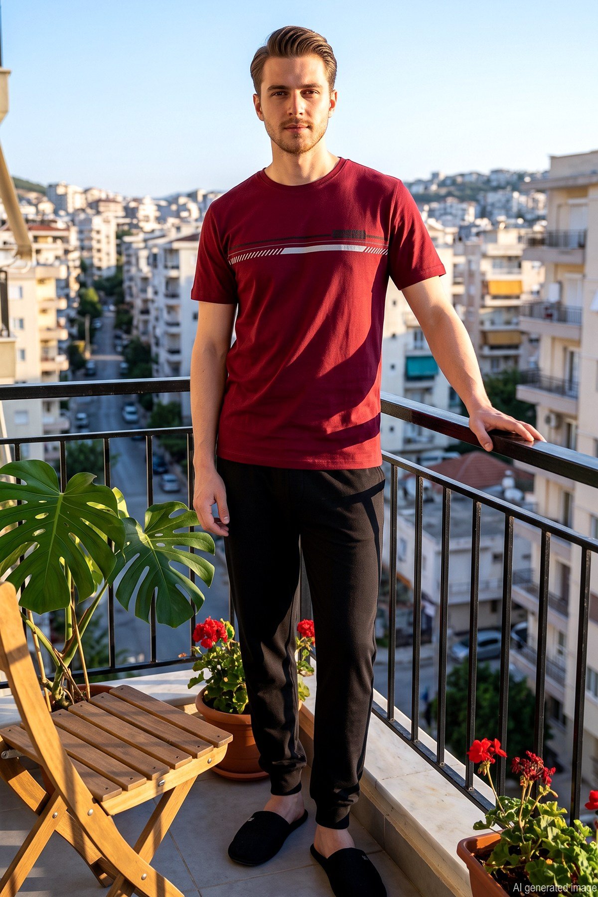 Erkek Önü Baskılı  Kısa Kol Pijama Takımı 2332 Koyu Bordo
