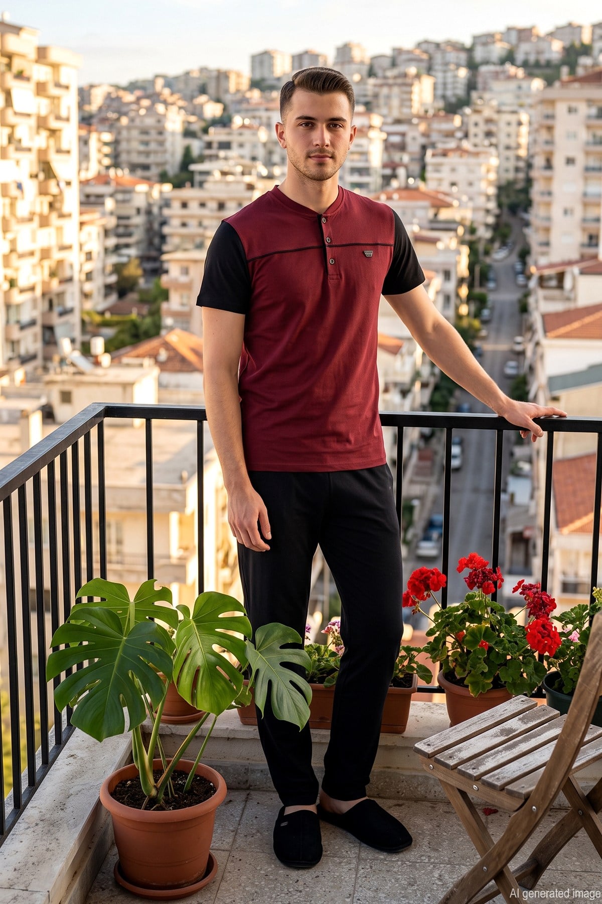 Erkek Önü Üç Düğmeli Kısa Kol Pijama Takımı 2353 Bordo01