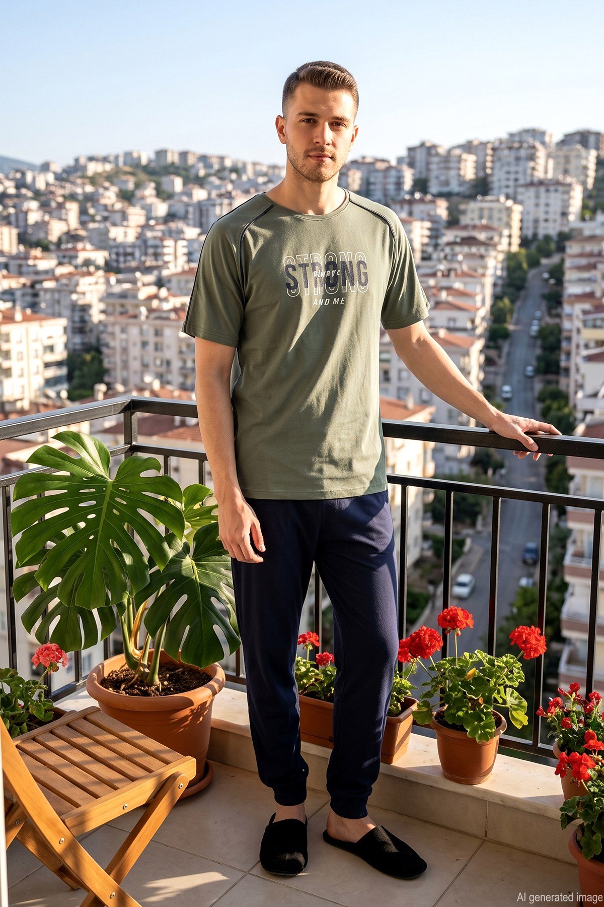 Erkek Önü Yazılı Kısa Kol Penye Pijama Takımı 2395 Yeşil