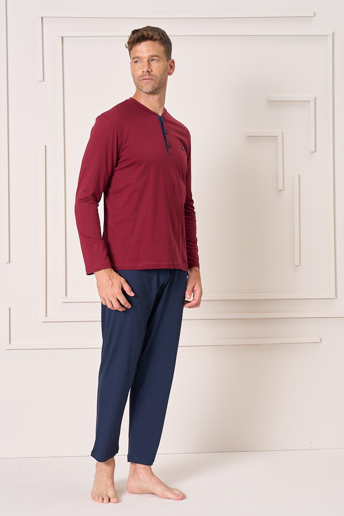 Erkek Pamuk Uzun Kol Pijama Takımı 4104 Bordo