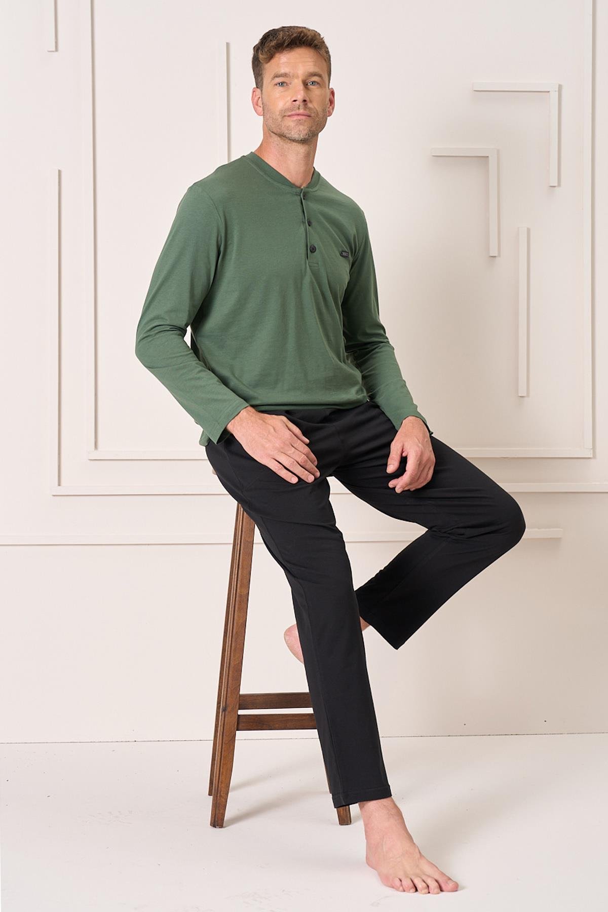 Erkek Pamuk Uzun Kol Pijama Takımı 4105 Yeşil