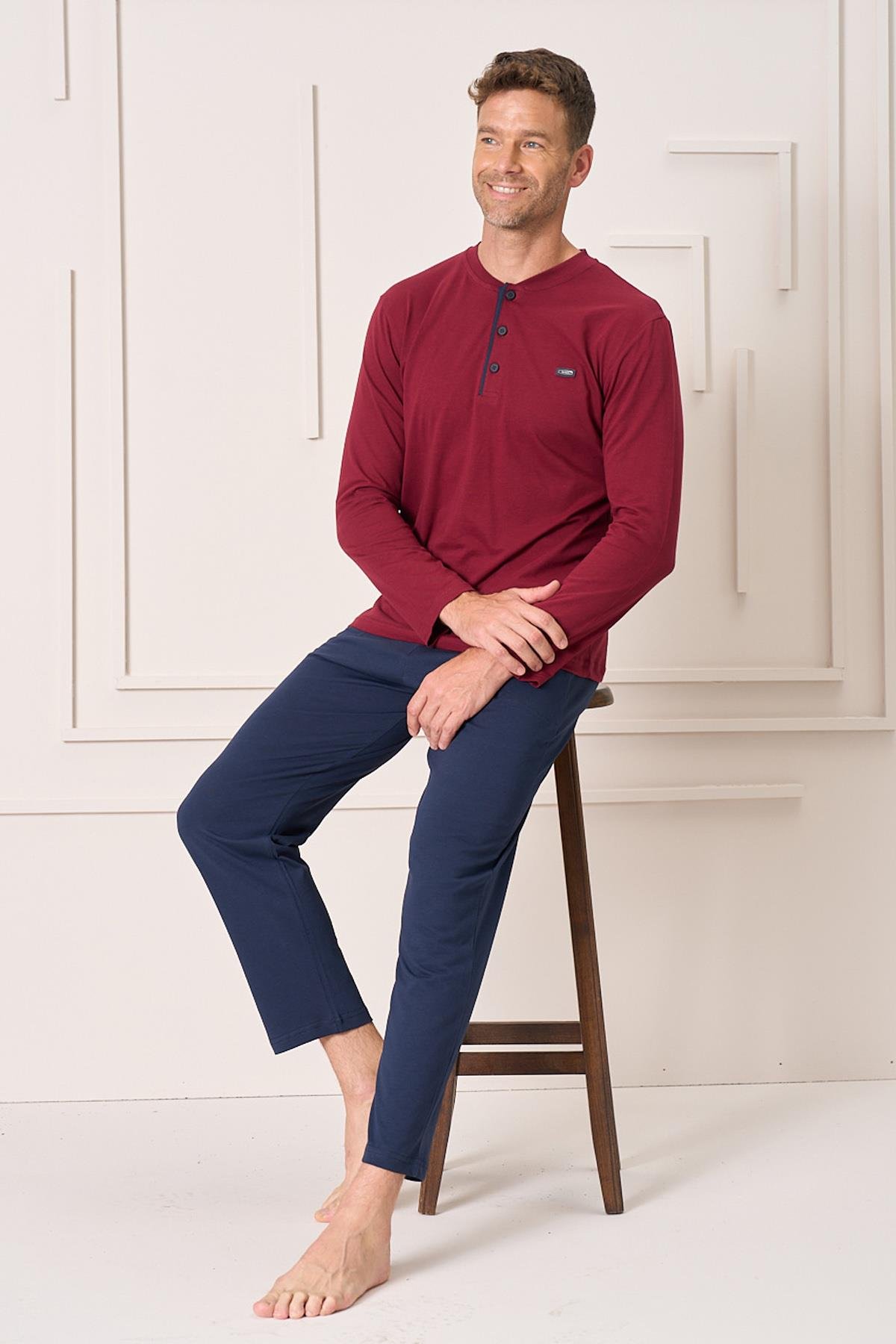 Erkek Pamuk Uzun Kol Pijama Takımı 4104 Bordo