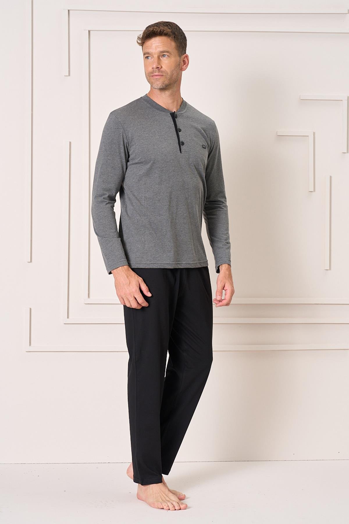 Erkek Pamuk Uzun Kol Pijama Takımı 4107 Antrasit