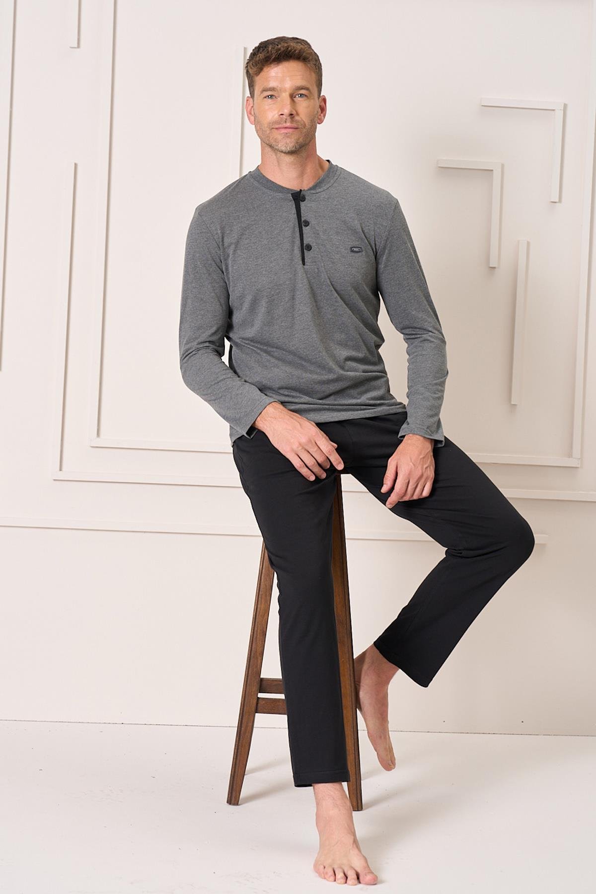 Erkek Pamuk Uzun Kol Pijama Takımı 4107 Antrasit
