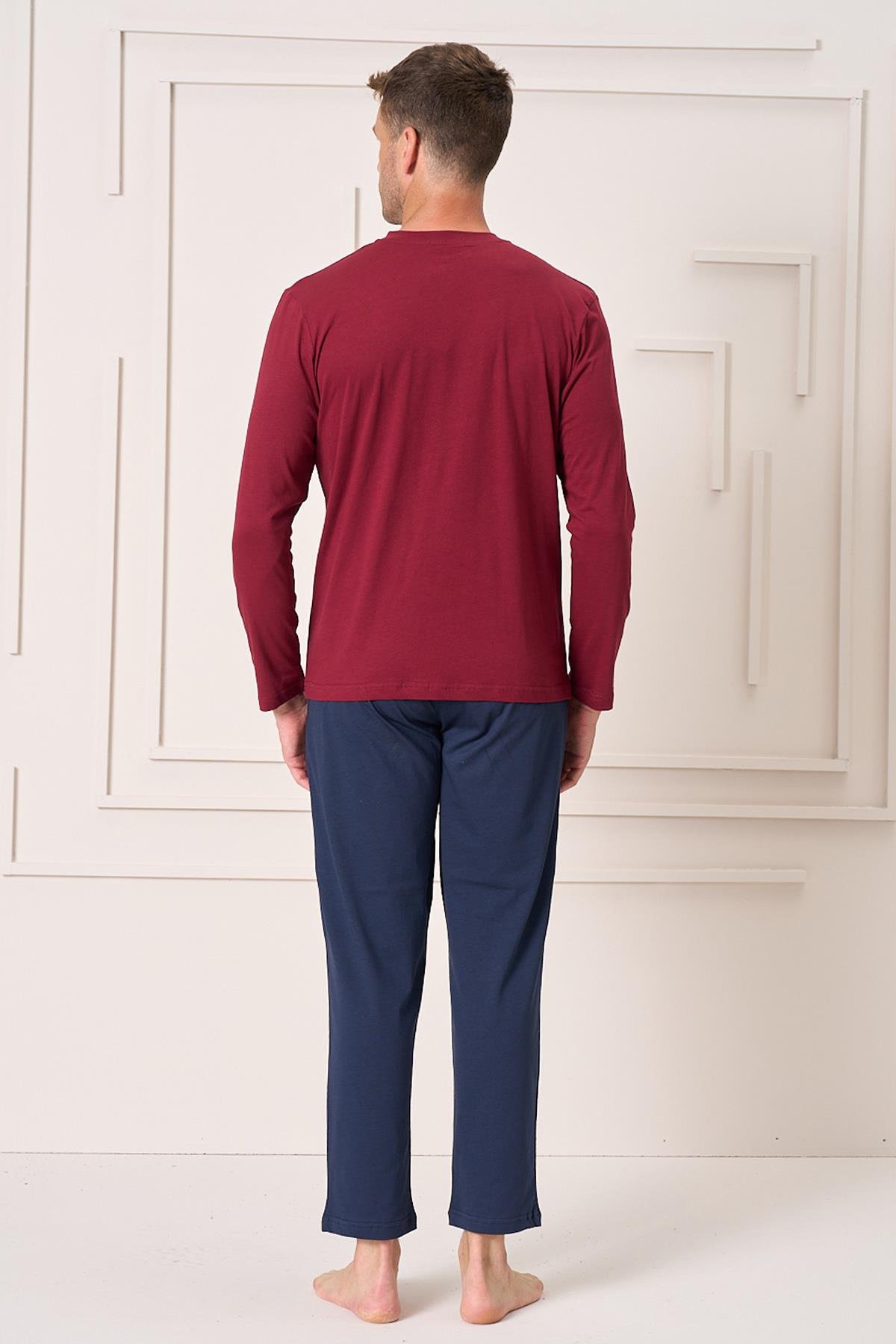 Erkek Pamuk Uzun Kol Pijama Takımı 4104 Bordo