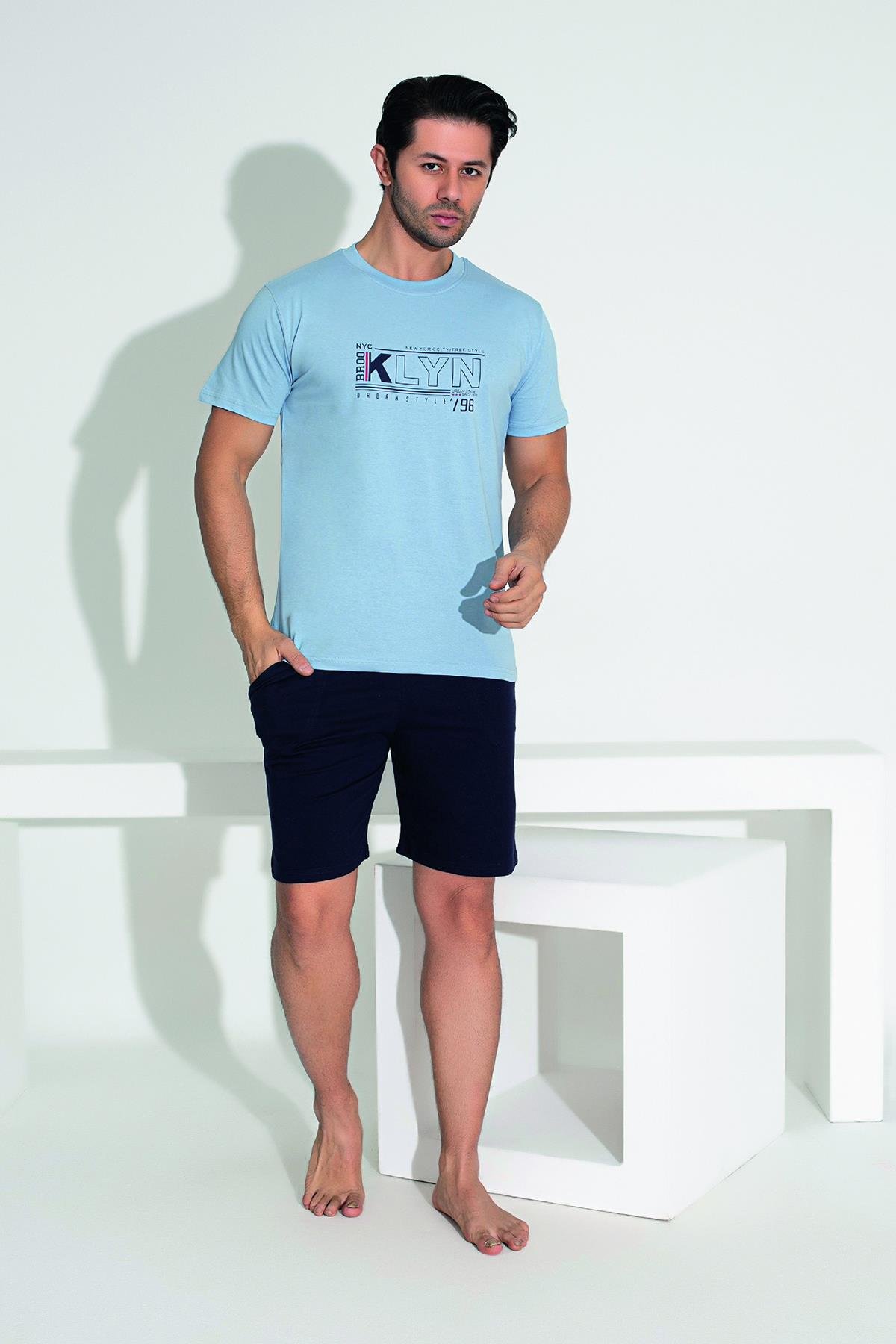 Erkek Şort Tshirt Pijama Takımı 25254 Mavi