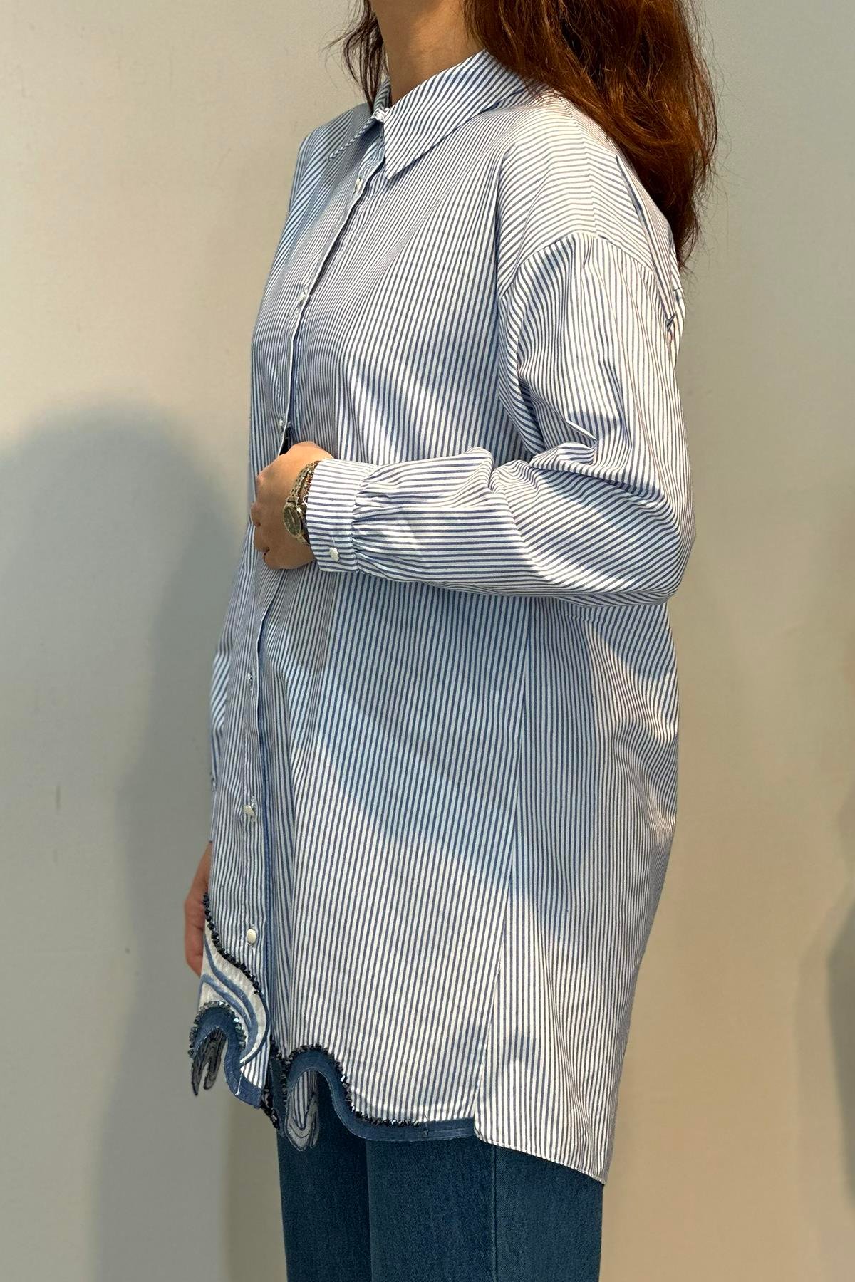 Eteği Taş Detay Çizgili Gömlek Tunik 19381 Mavi