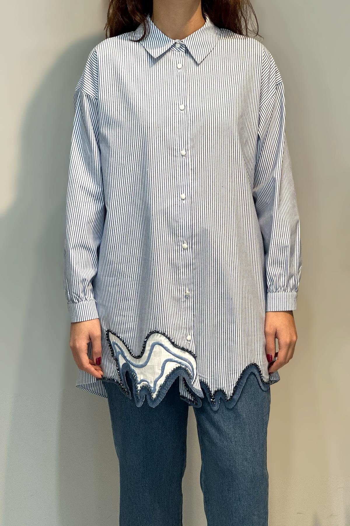 Eteği Taş Detay Çizgili Gömlek Tunik 19381 Mavi