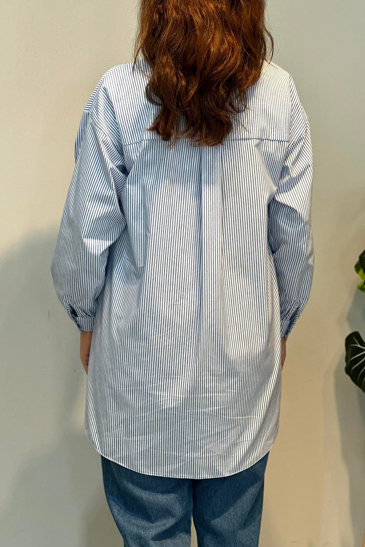 Eteği Taş Detay Çizgili Gömlek Tunik 19381 Mavi
