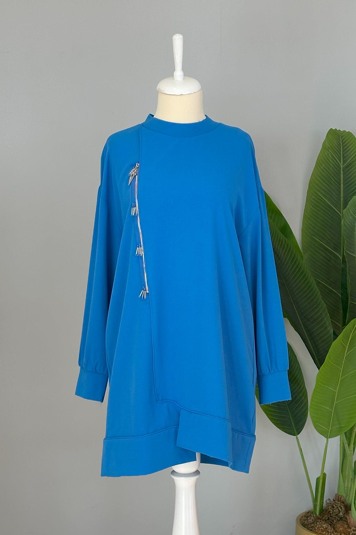 Fermuar Detay Basic Tunik Sweat 10431 Mavi