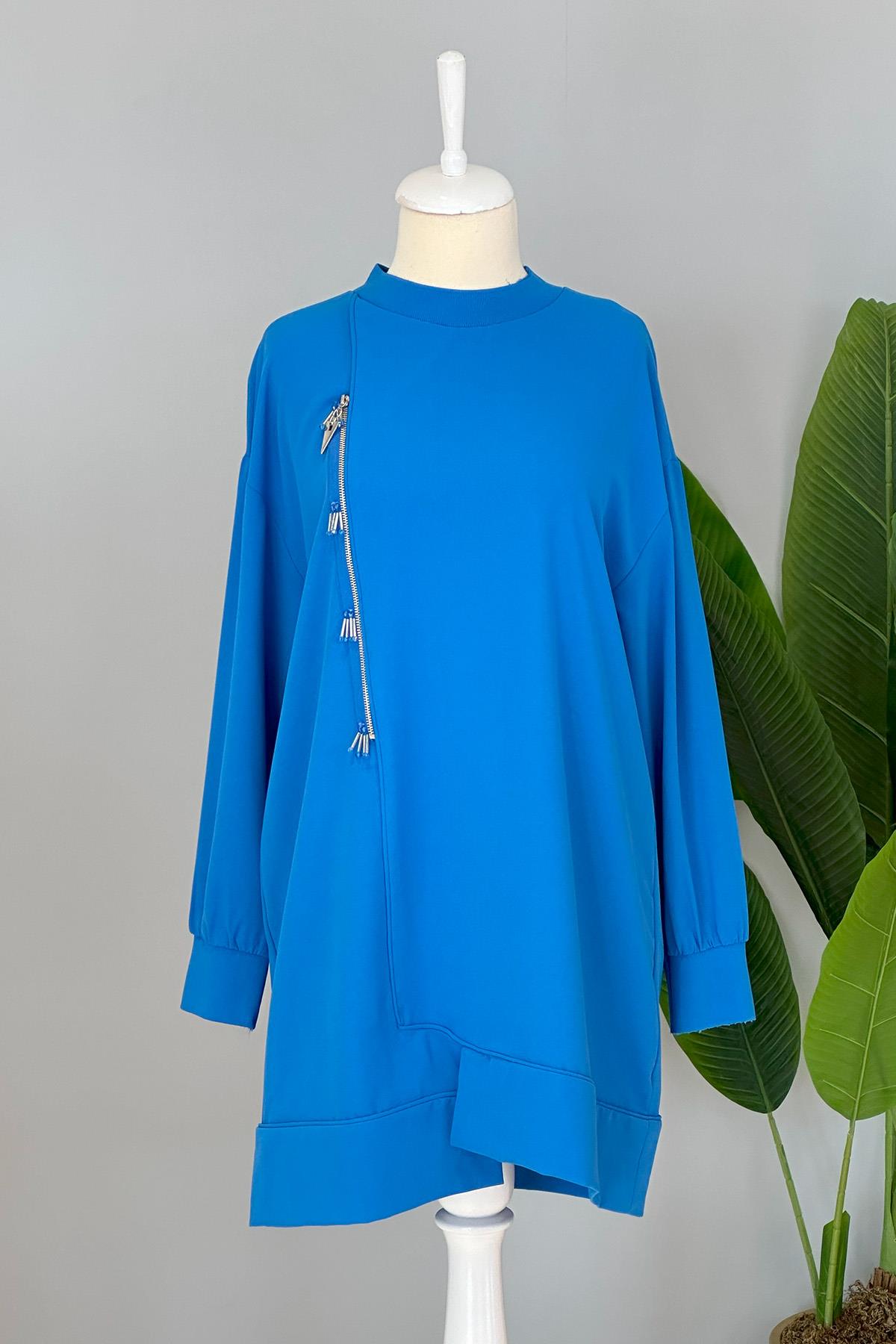 Fermuar Detay Basic Tunik Sweat 10431 Mavi