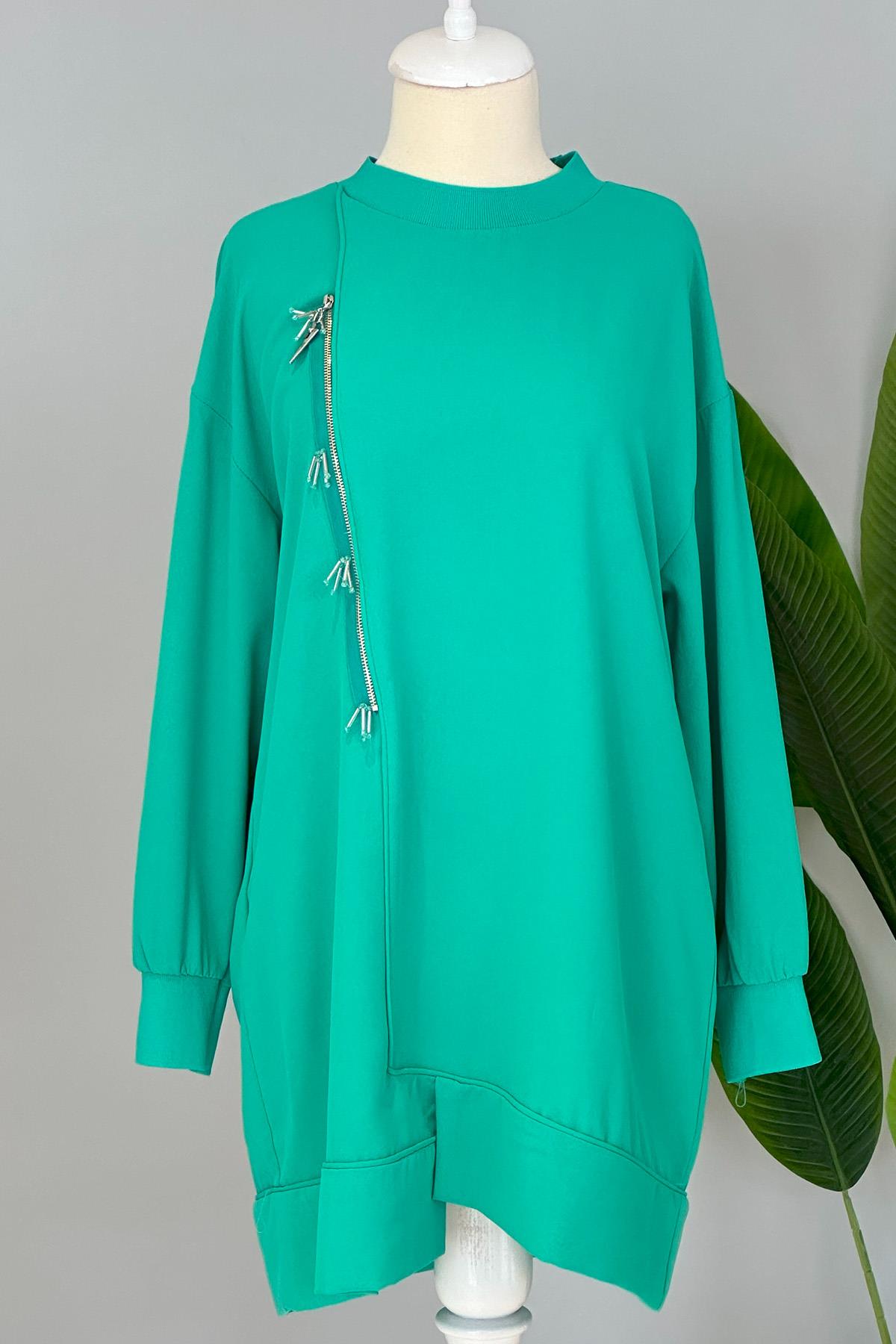 Fermuar Detay Basic Tunik Sweat 10431 Yeşil