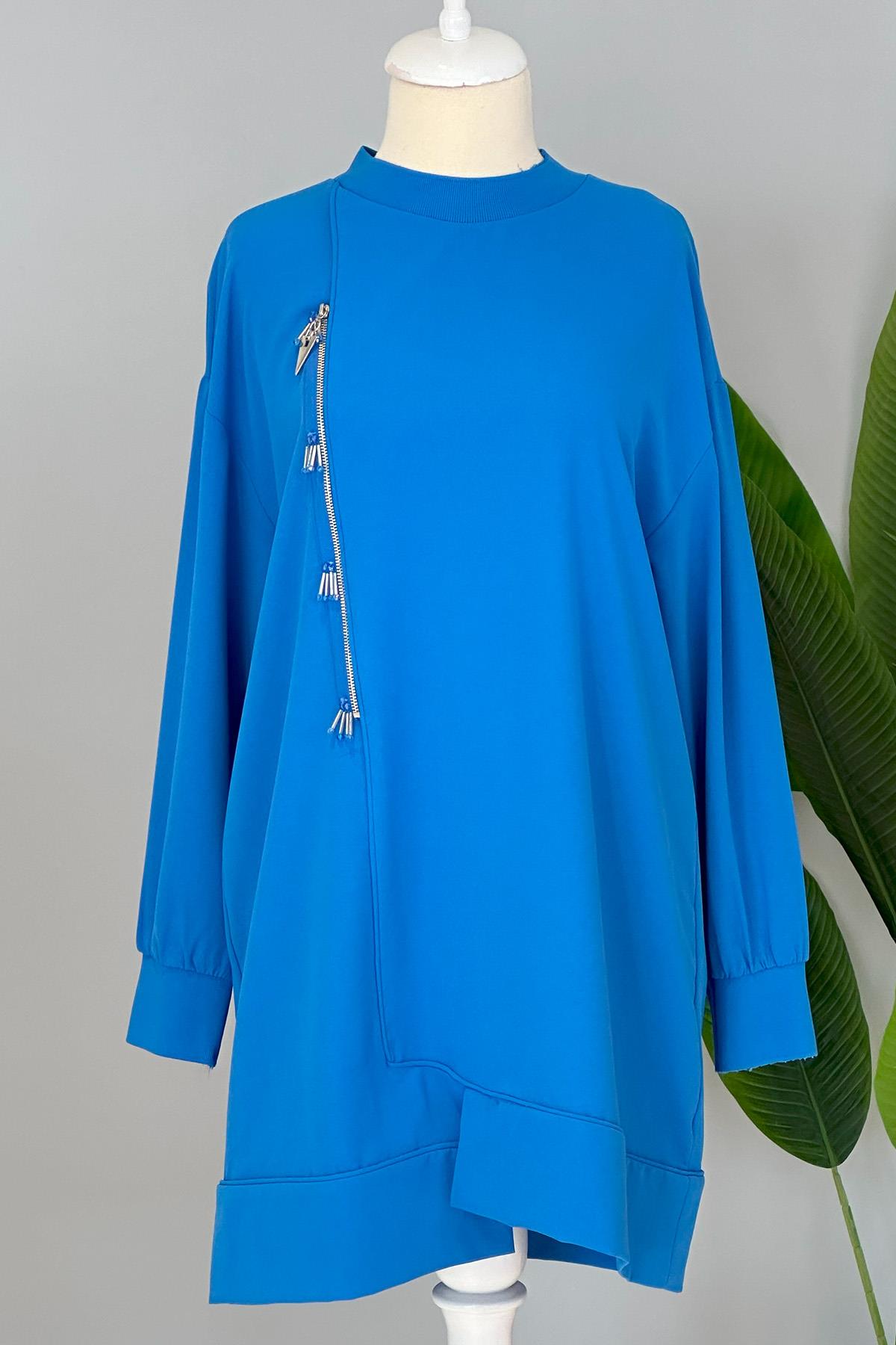 Fermuar Detay Basic Tunik Sweat 10431 Mavi