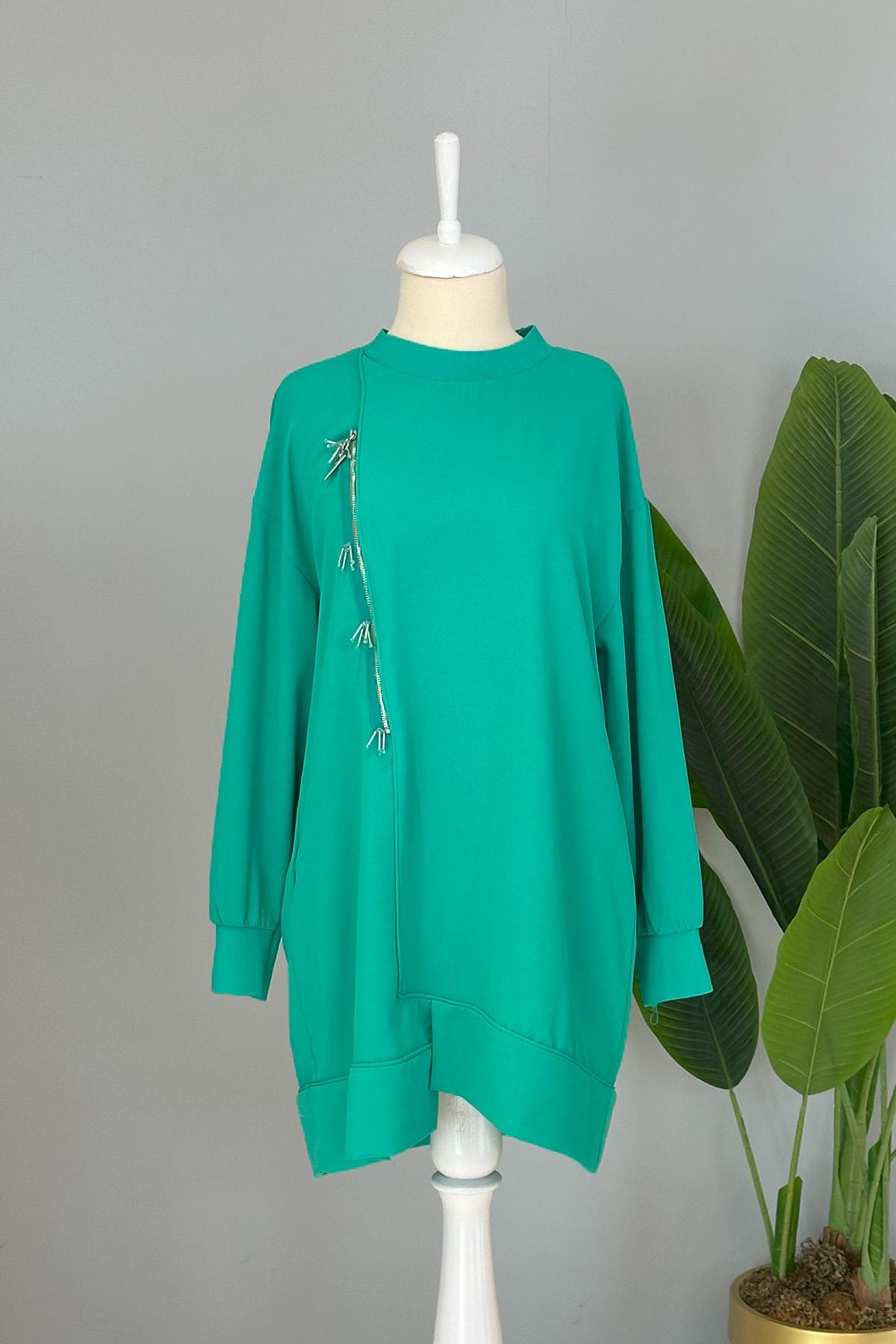 Fermuar Detay Basic Tunik Sweat 10431 Yeşil