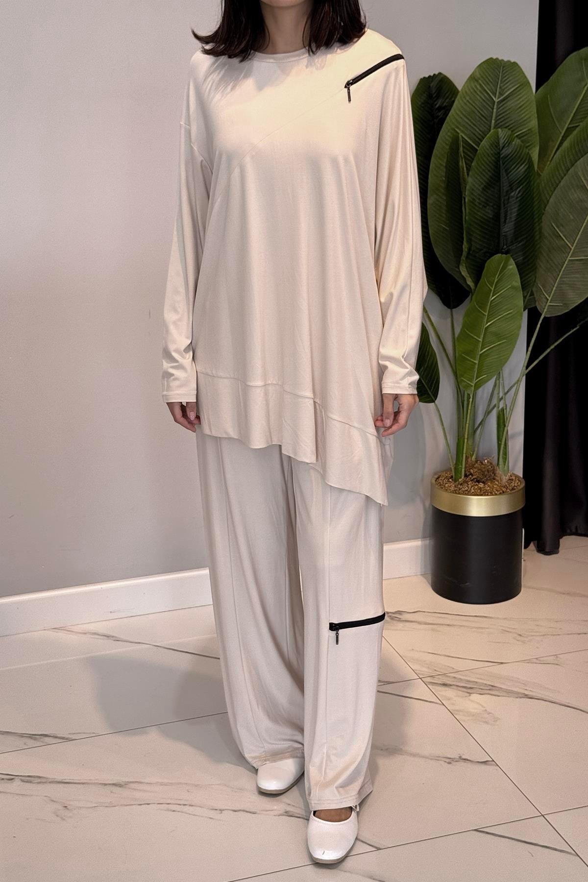 Fermuar Detaylı Bambu Takım 5940 Bej