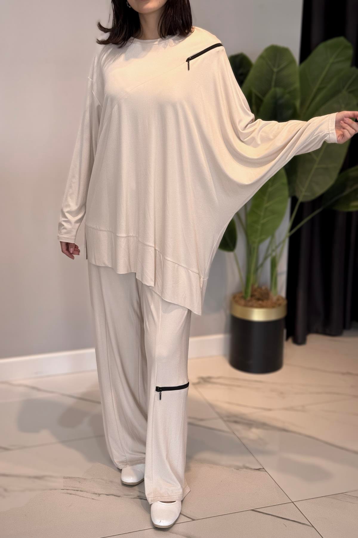 Fermuar Detaylı Bambu Takım 5940 Bej