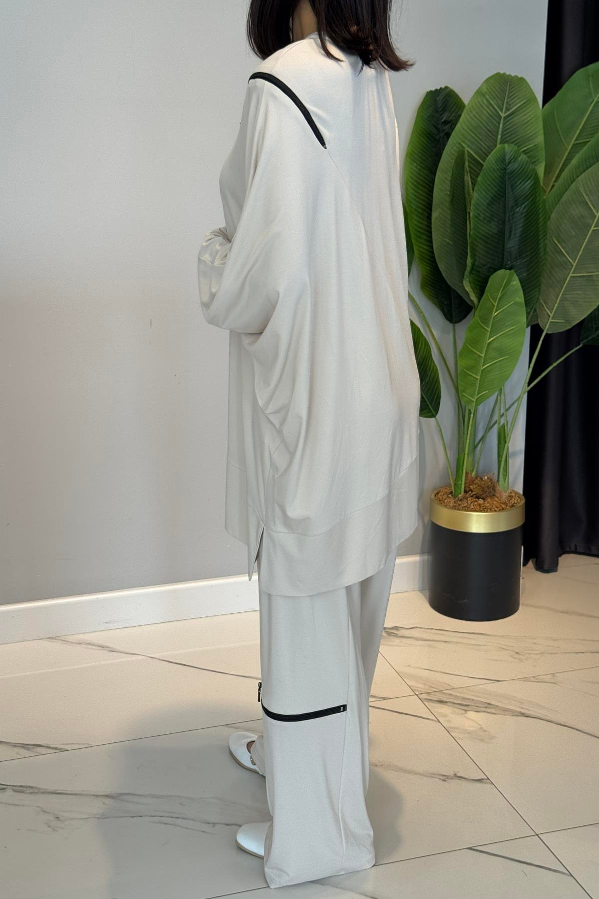 Fermuar Detaylı Bambu Takım 5940 Bej