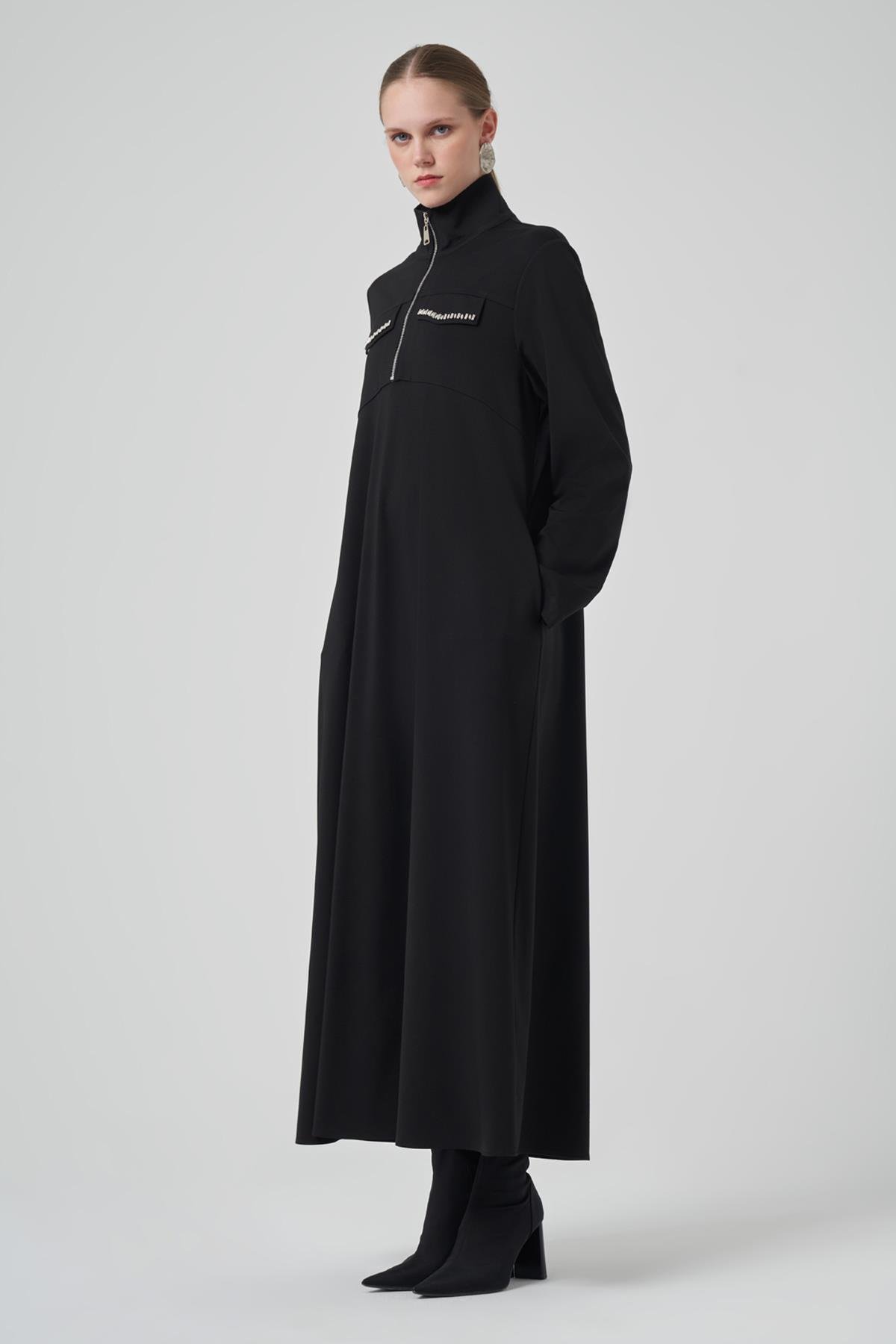 Fermuar ve Boncuk İşleme Detay Elbise 2013 Siyah