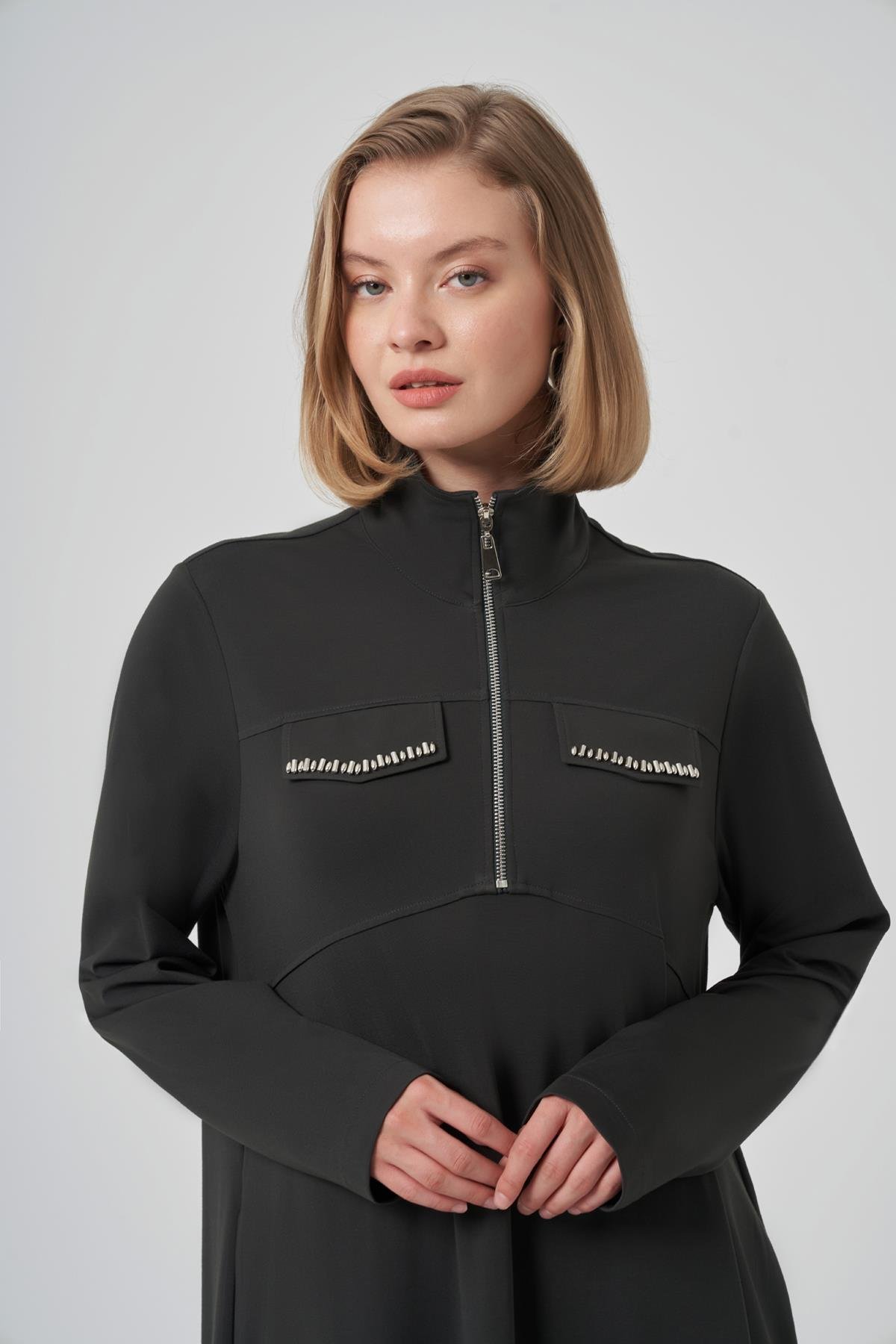 Fermuar ve Boncuk İşleme Detay Elbise 2013 Haki