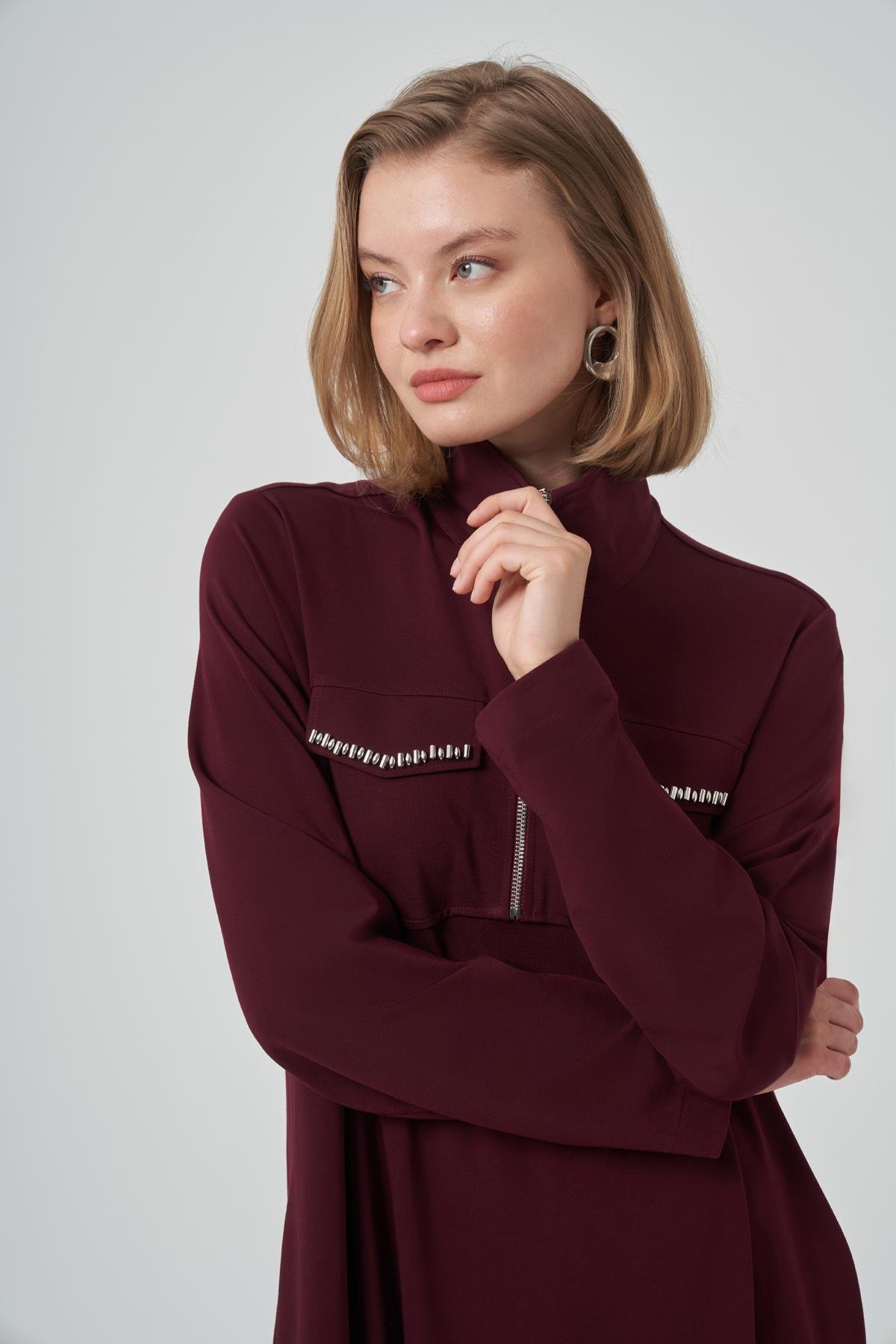 Fermuar ve Boncuk İşleme Detay Elbise 2013 Mürdüm