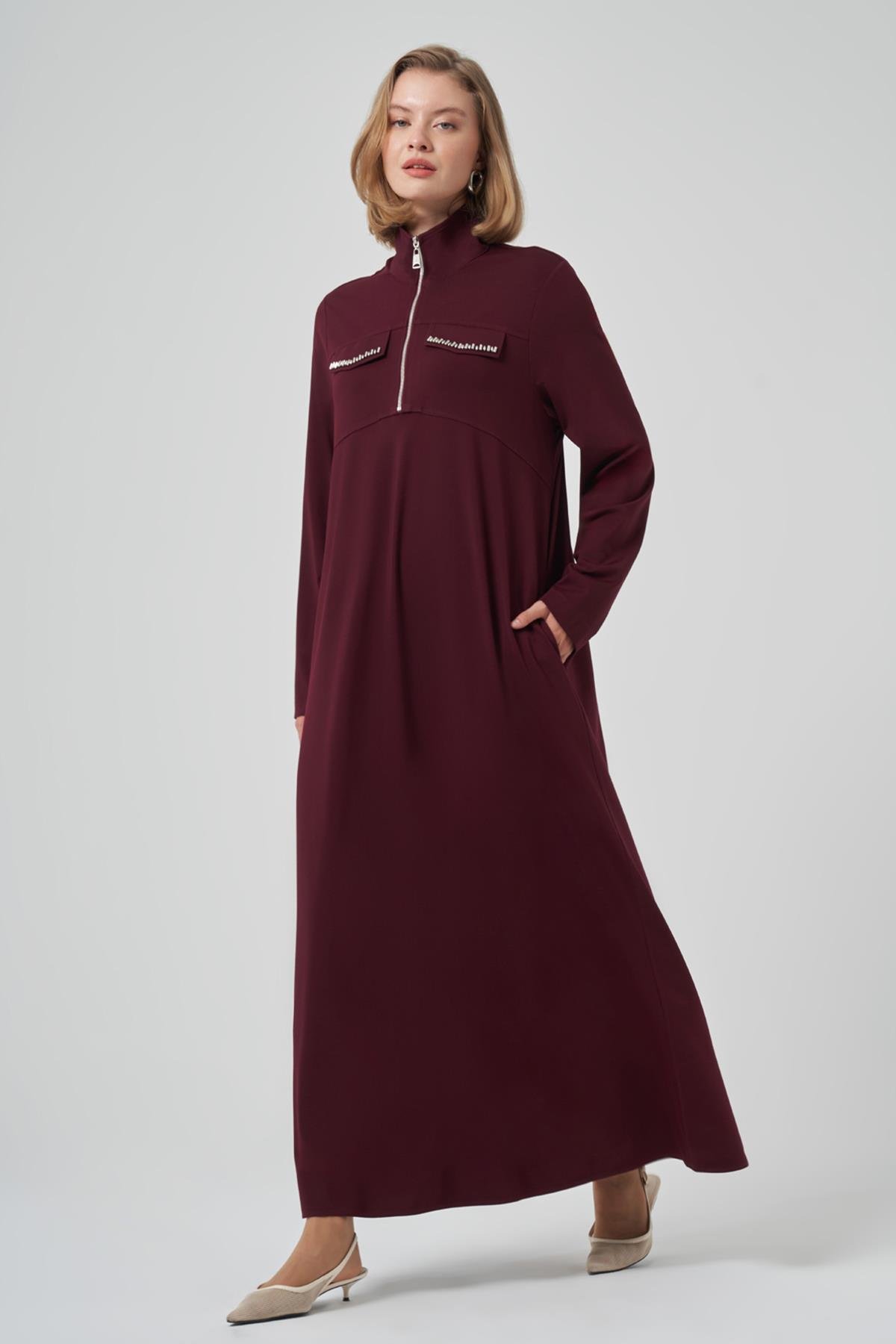 Fermuar ve Boncuk İşleme Detay Elbise 2013 Mürdüm