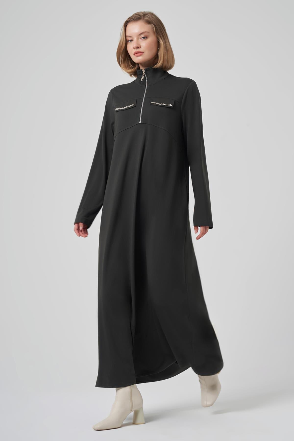 Fermuar ve Boncuk İşleme Detay Elbise 2013 Haki