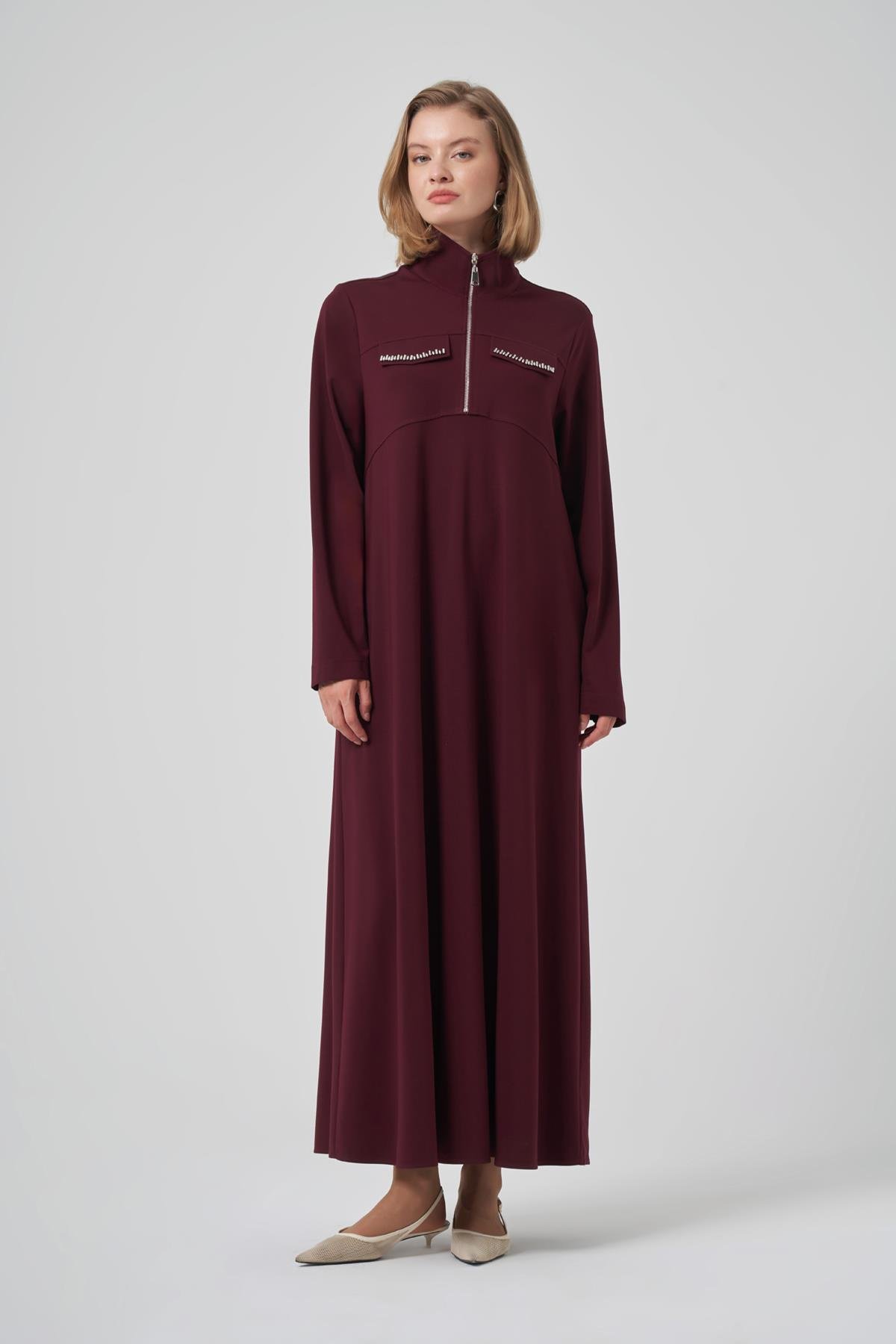 Fermuar ve Boncuk İşleme Detay Elbise 2013 Mürdüm