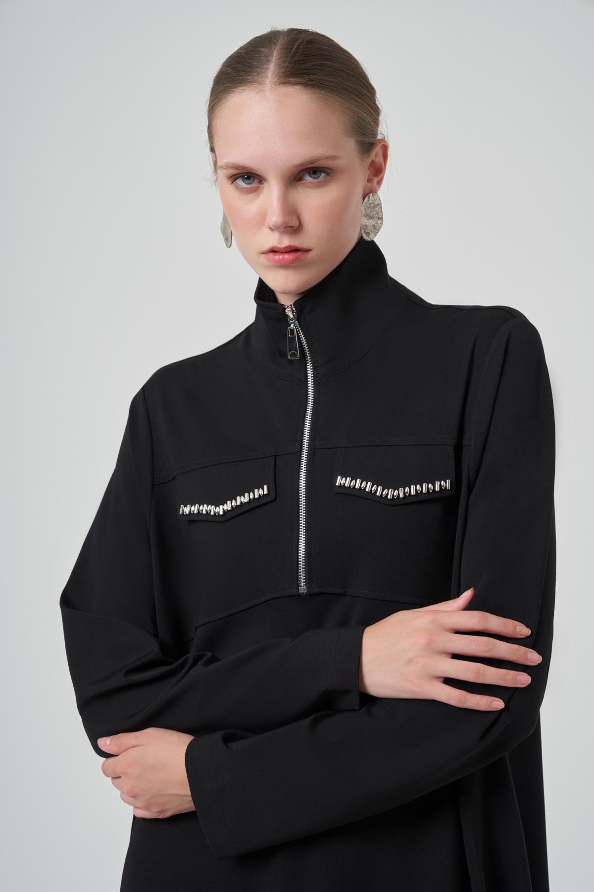 Fermuar ve Boncuk İşleme Detay Elbise 2013 Siyah