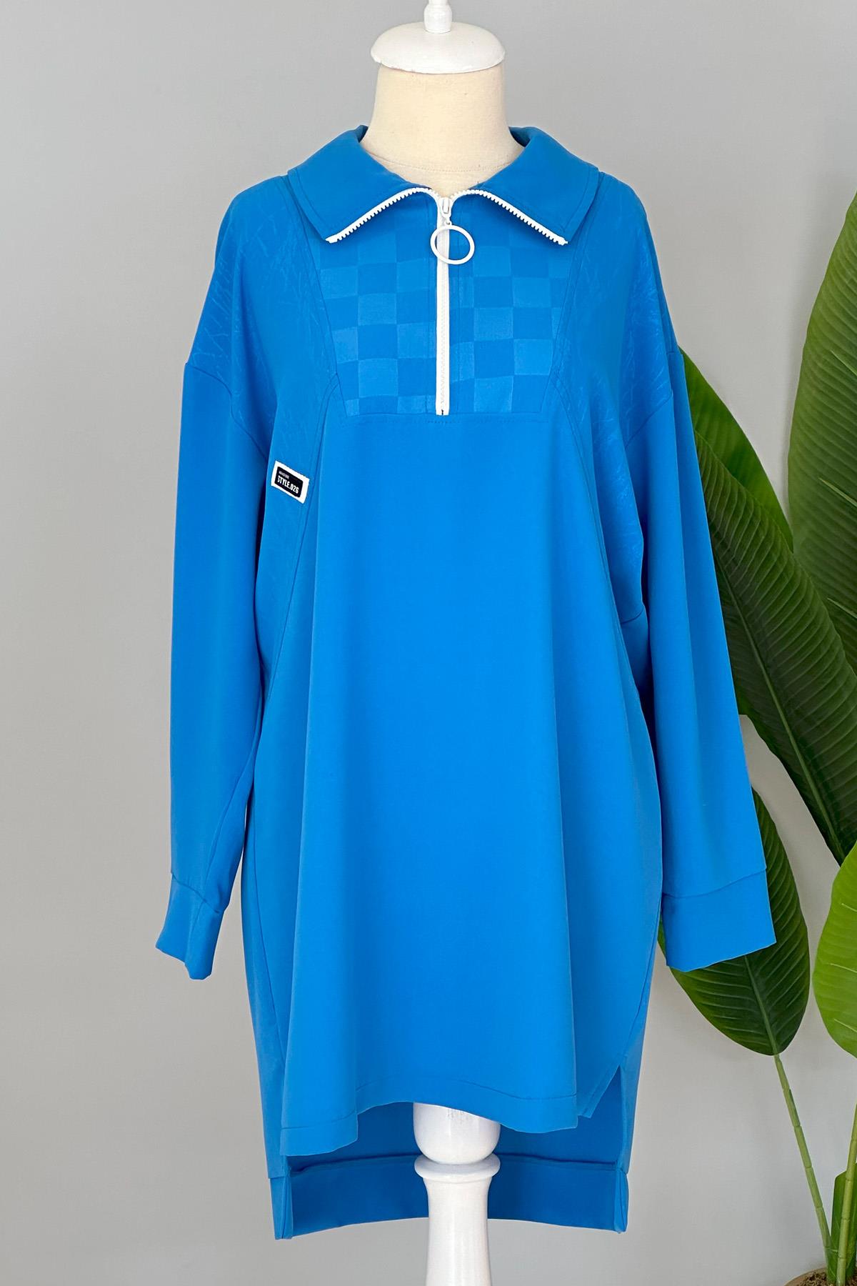 Fermuarlı Basic Tunik Sweat 10441 Mavi