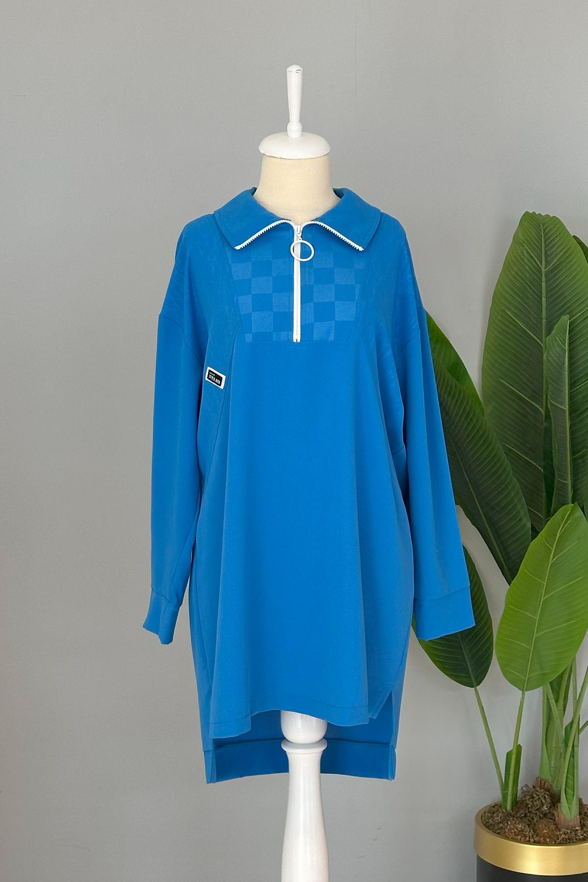 Fermuarlı Basic Tunik Sweat 10441 Mavi