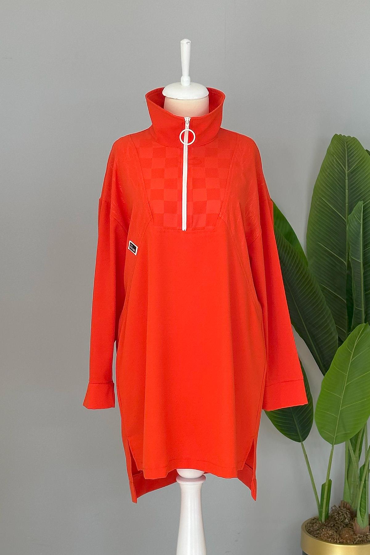 Fermuarlı Basic Tunik Sweat 10441 Mercan