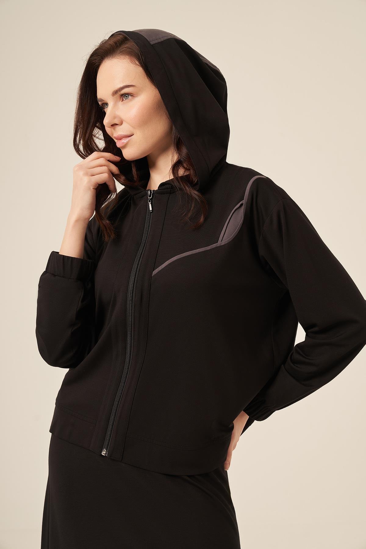 Fermuarlı Gri Kombinli Bomber Etekli Takım 5948 Siyah